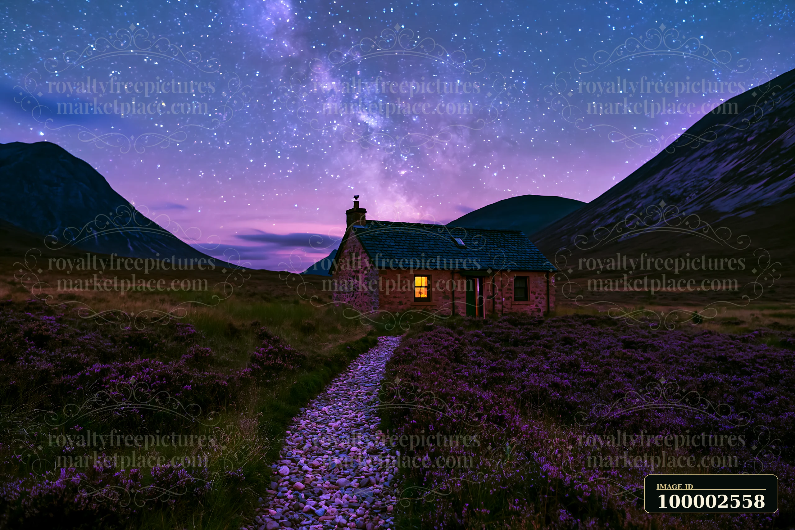 A cottage under stars with a stone path leads through the countryside.
