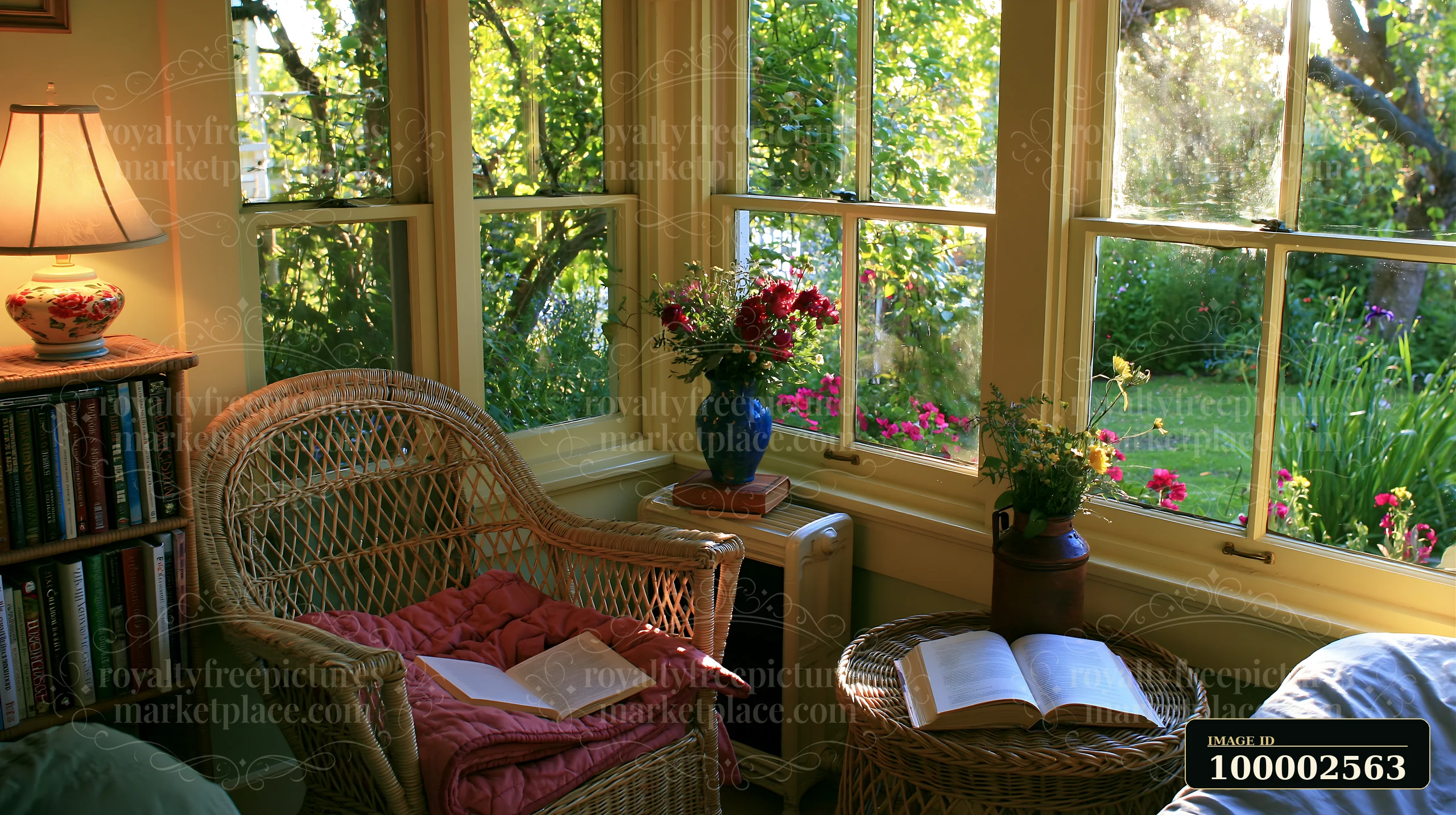 A wicker chair sits in a sunny corner of the cottage with books and flowers nearby.