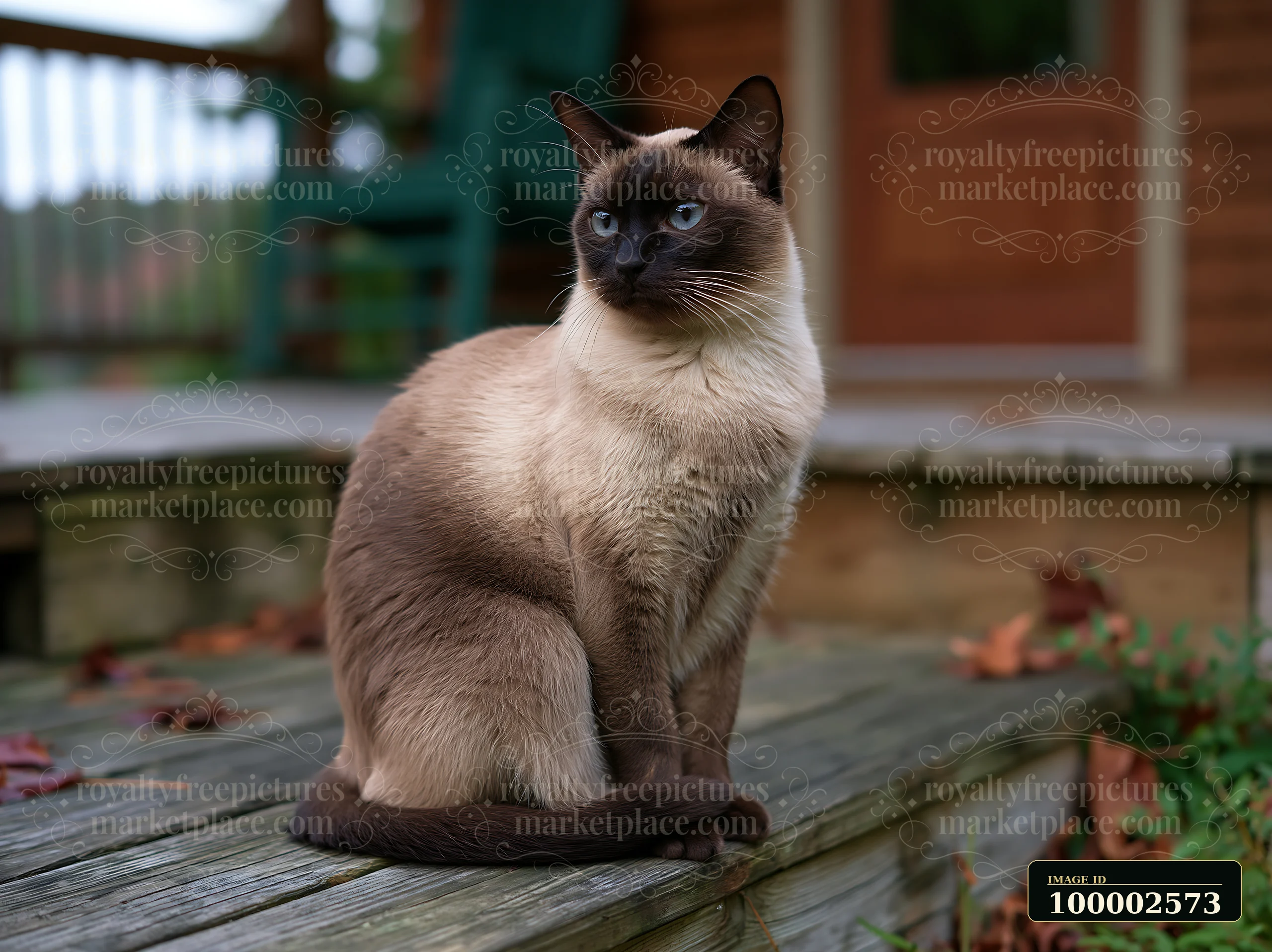 A Tonkinese cat sits elegantly on a wooden deck surrounded by autumn leaves.