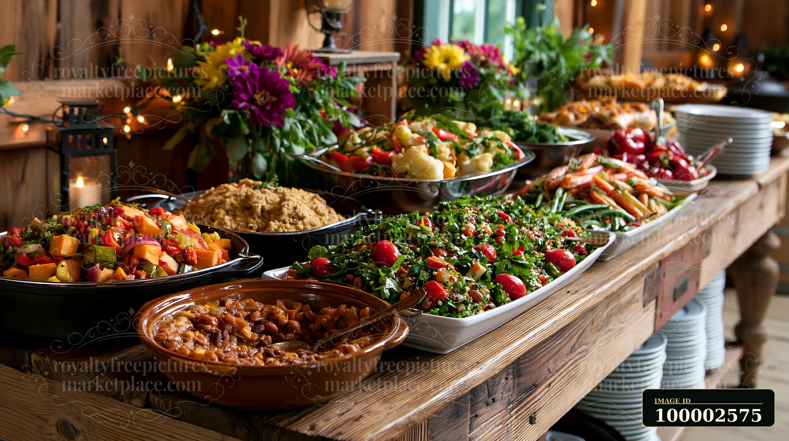A table displays a variety of dishes for sustainable buffet catering in a warm, rustic venue.
