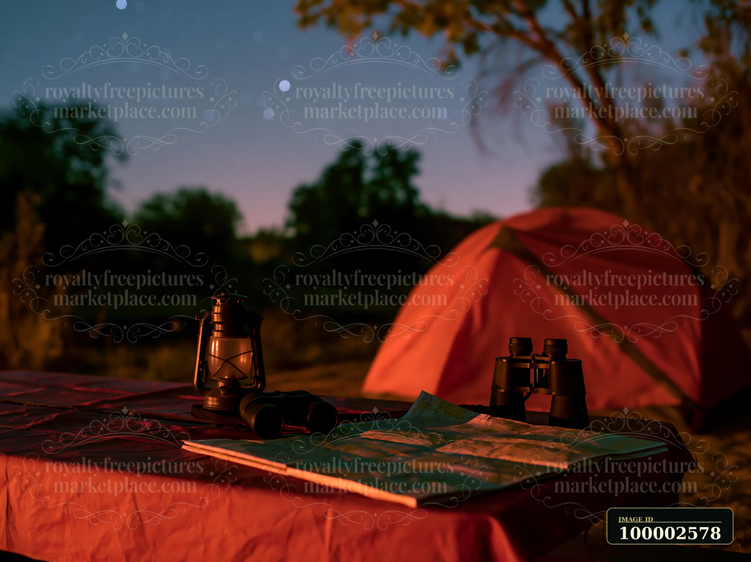 An outdoor campsite shows a table with a lantern, binoculars, and a map under a starry night above a desert landscape.