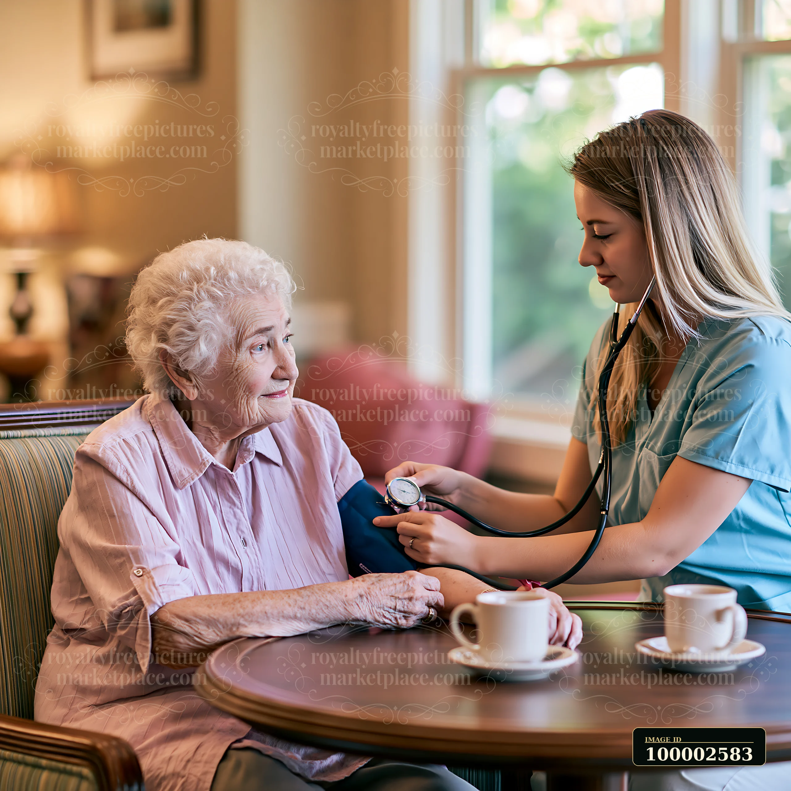 A nurse checking blood pressure of elderly dementia patient at a table in a well-lit care facility.