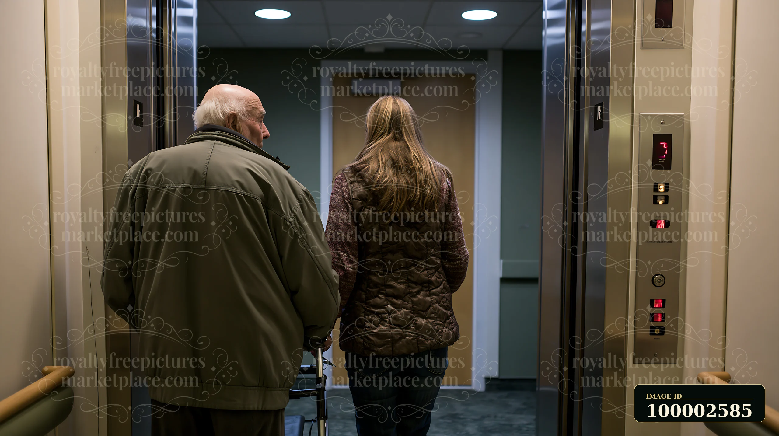 A senior man with dementia walks in an elevator with a caregiver.
