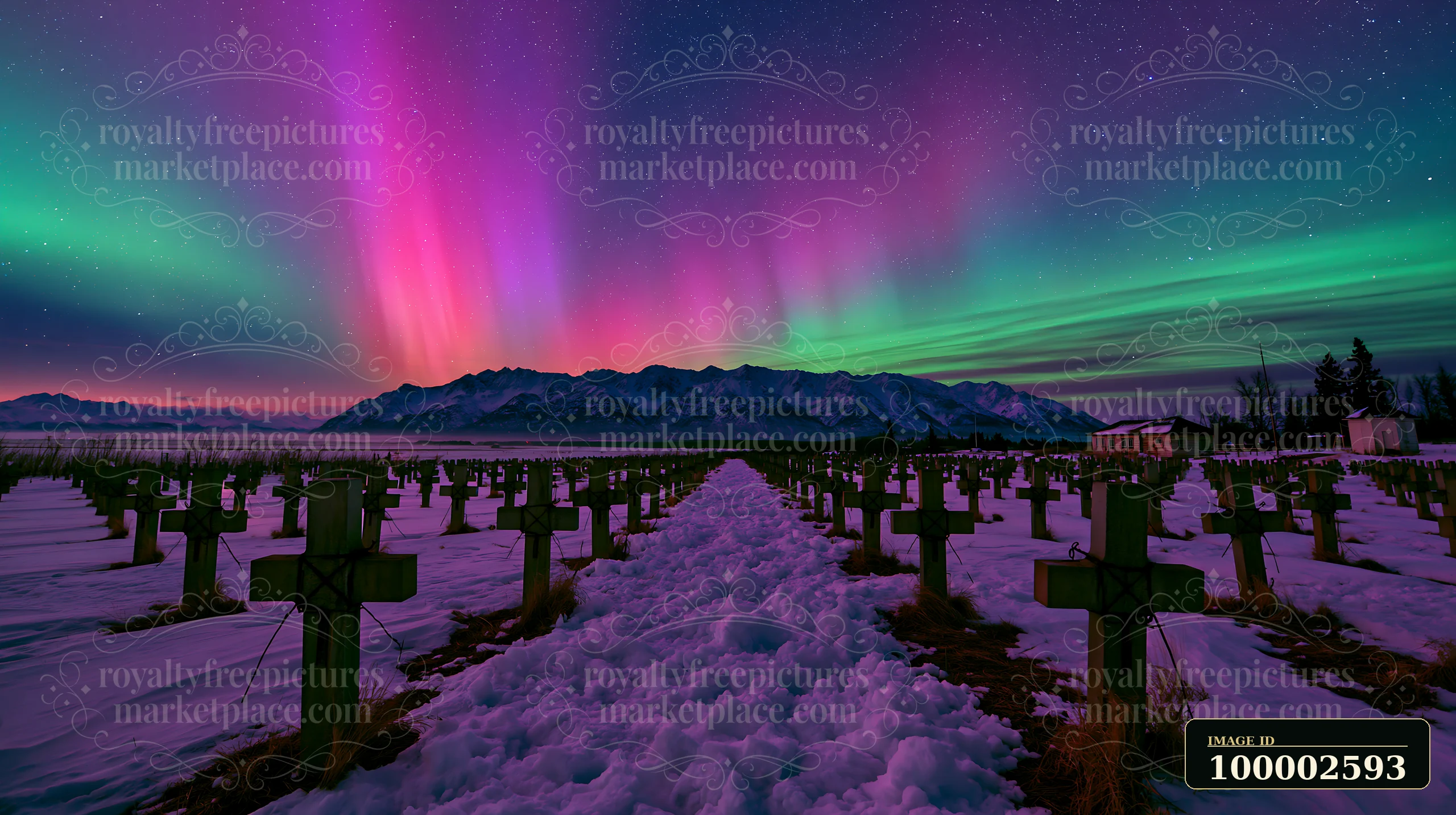 A military cemetery is covered in snow and illuminated by vibrant northern lights in the night sky.