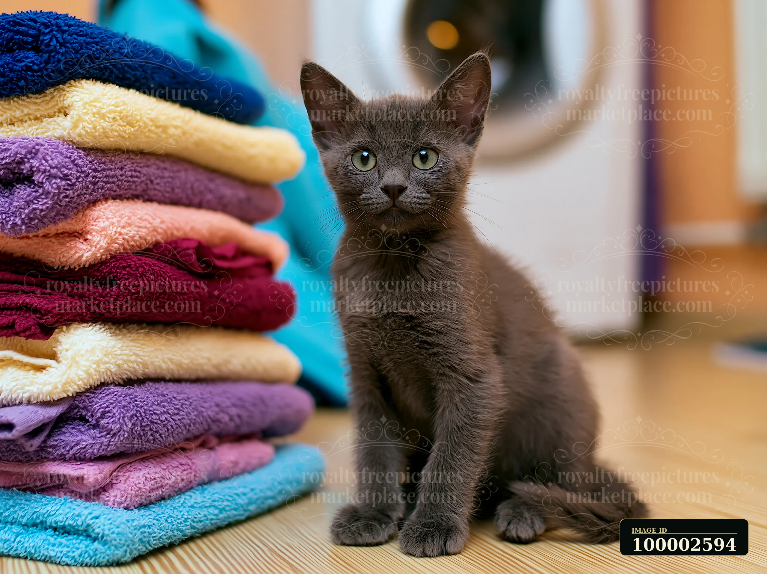 A Korat kitten sits on the floor next to a stack of neatly folded towels in various colors.