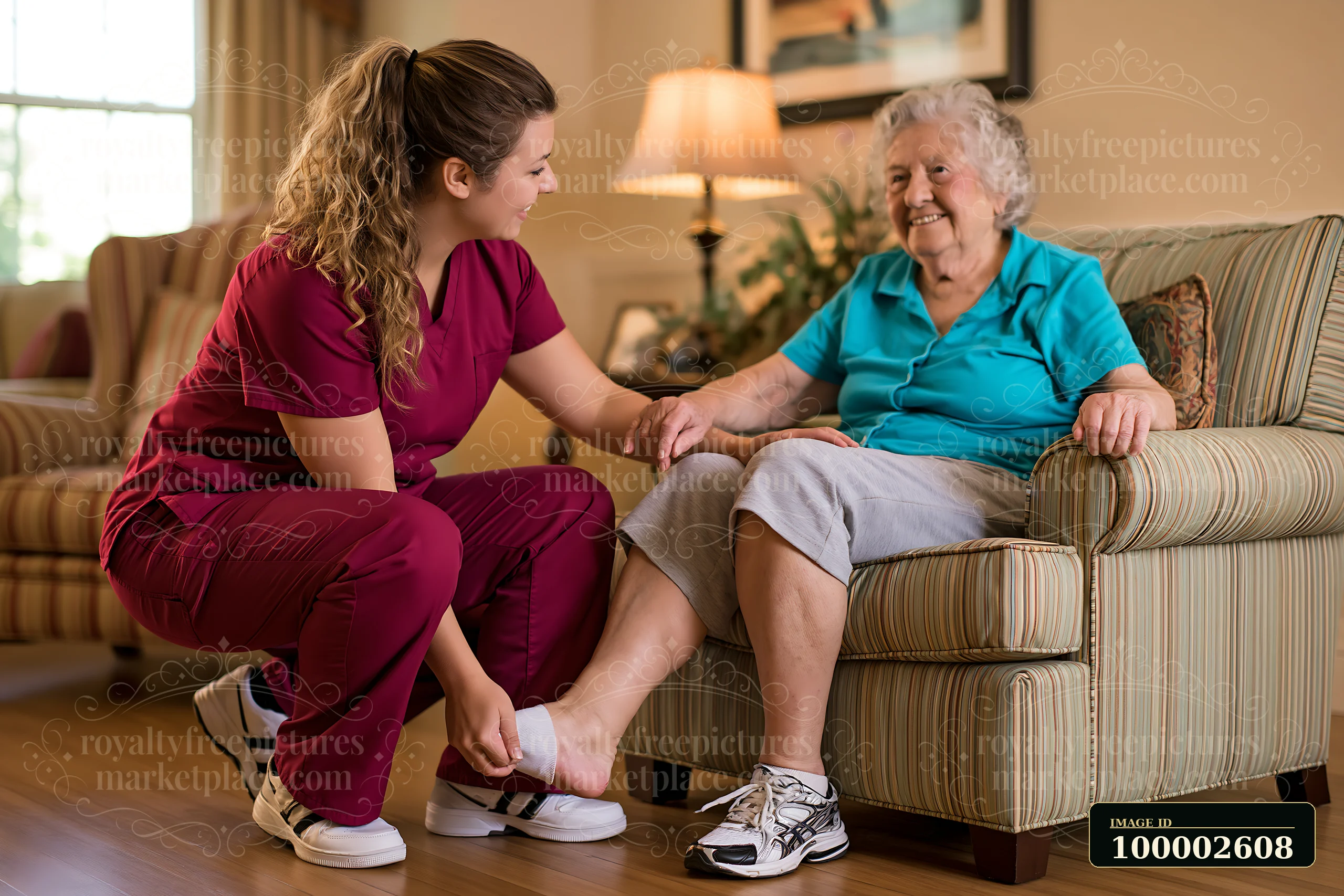 A caregiver guiding dementia patient through a simple exercise in an assisted living facility.