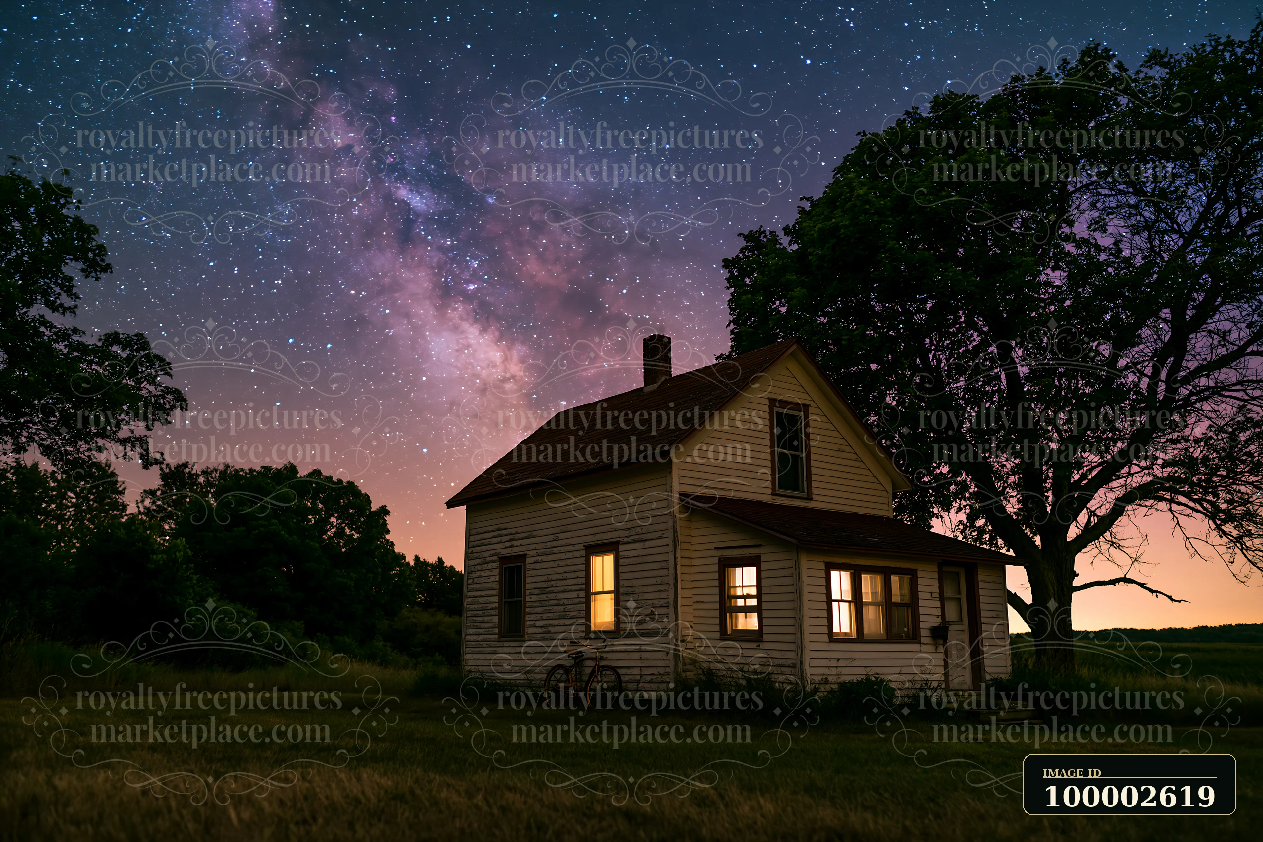 A secluded farmhouse is shown beneath a starry sky featuring the Milky Way, with glowing windows illuminating the structure.