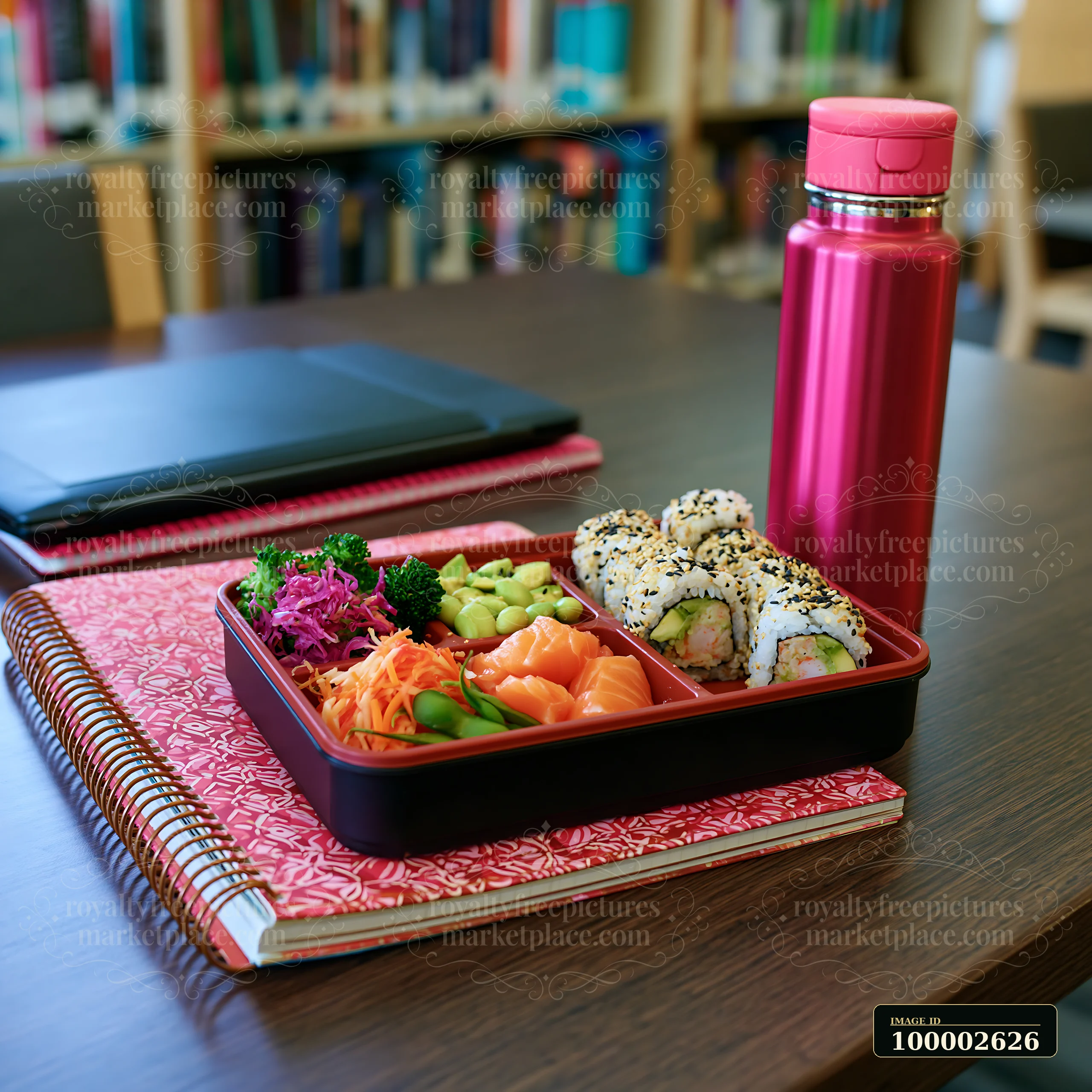 A sushi lunch box with compartments sits on a wooden table in a study area.