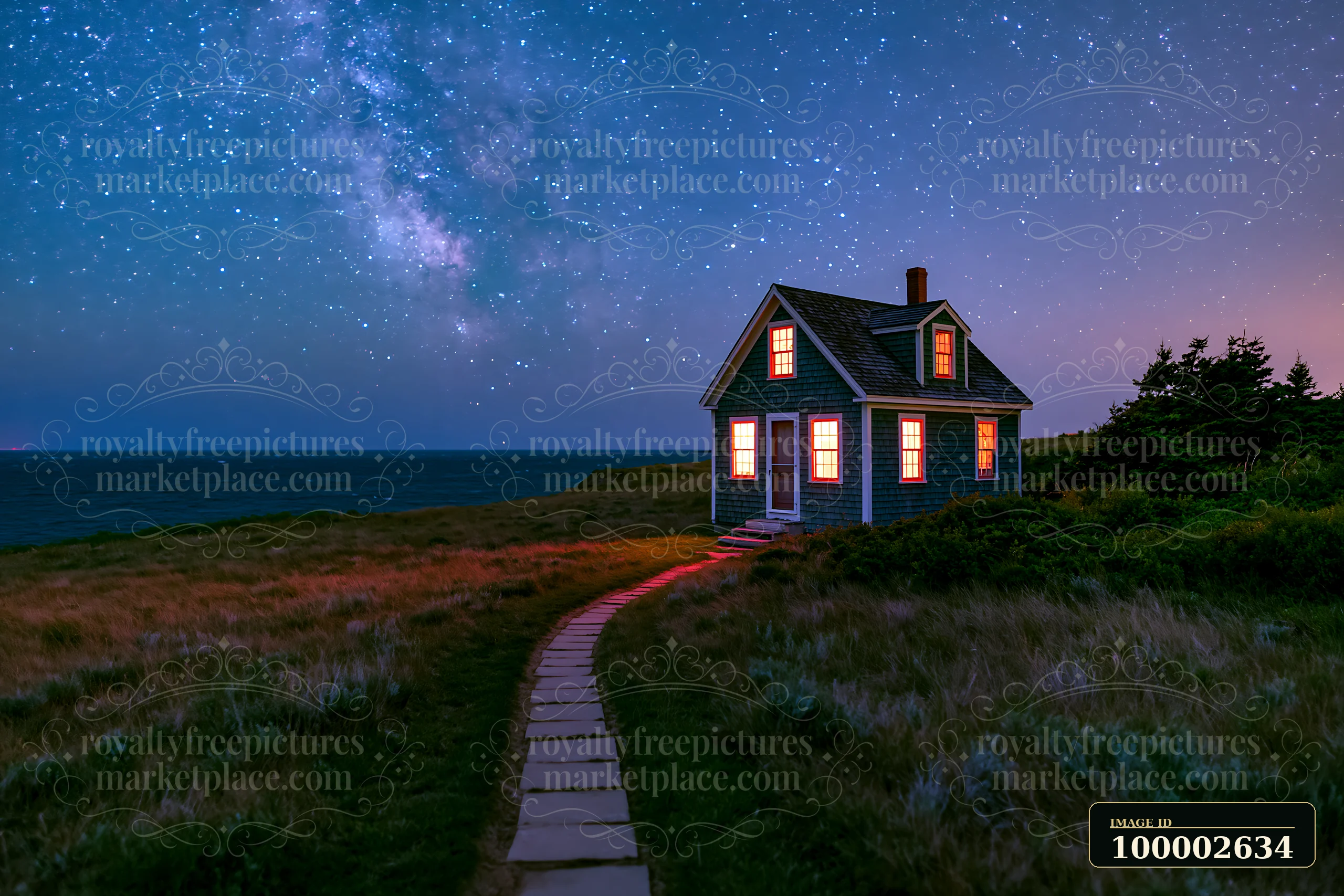 A cottage under stars with a stone path leads to the entrance of the house, surrounded by grass and bushes.