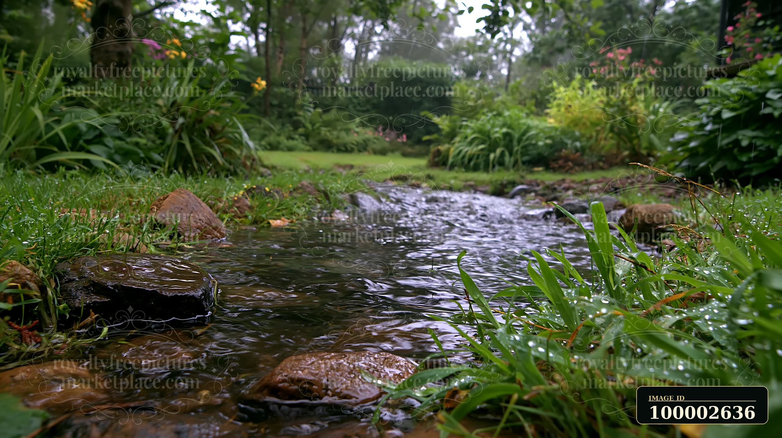 The scene shows a rainy day view from a timber cottage with a clear stream flowing through greenery, surrounded by trees and flowering plants, under overcast sk