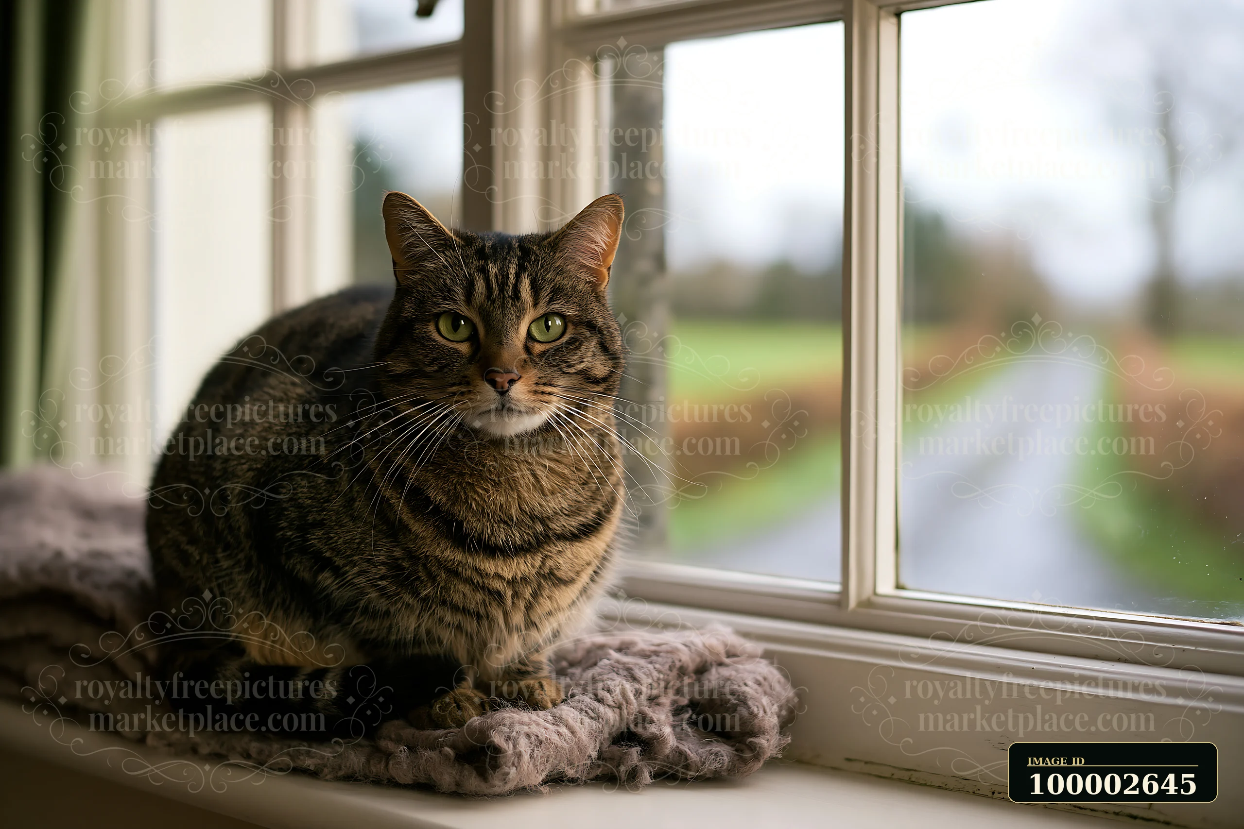 A cat is sitting on the windowsill of a country house, looking outside.