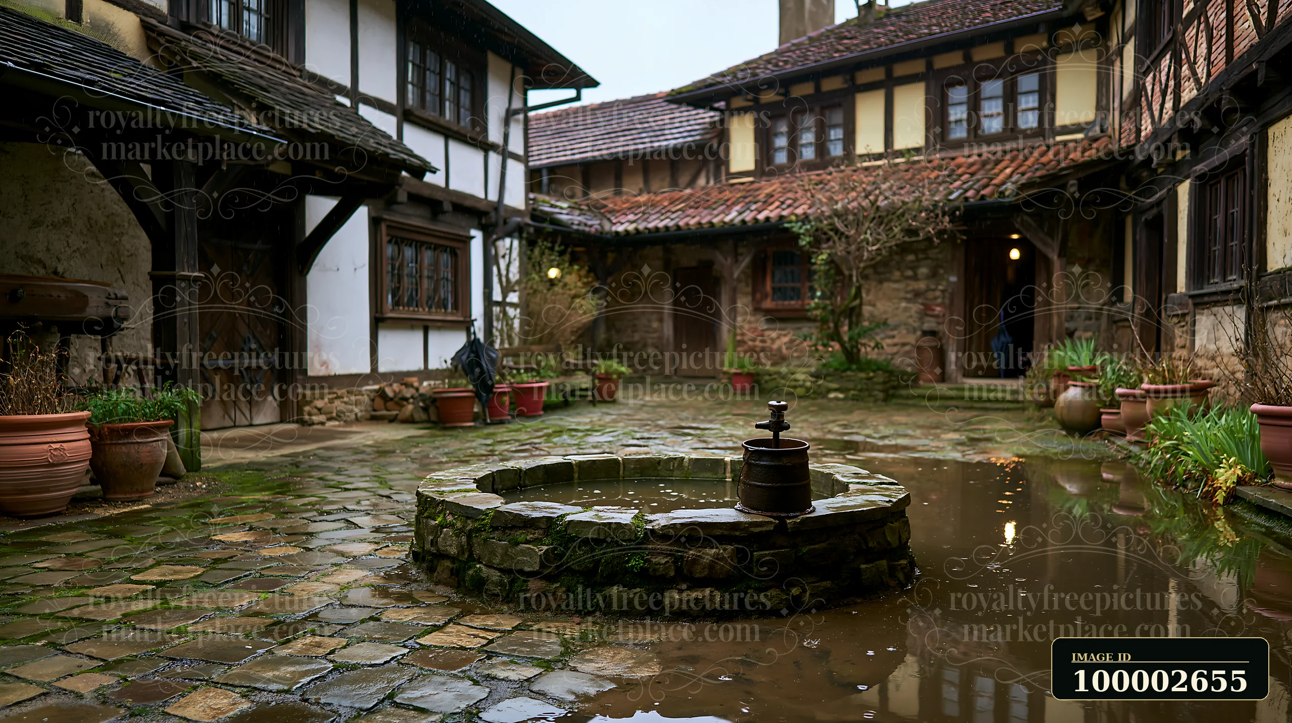 A farmhouse courtyard with well is surrounded by rustic buildings and stone pathways.