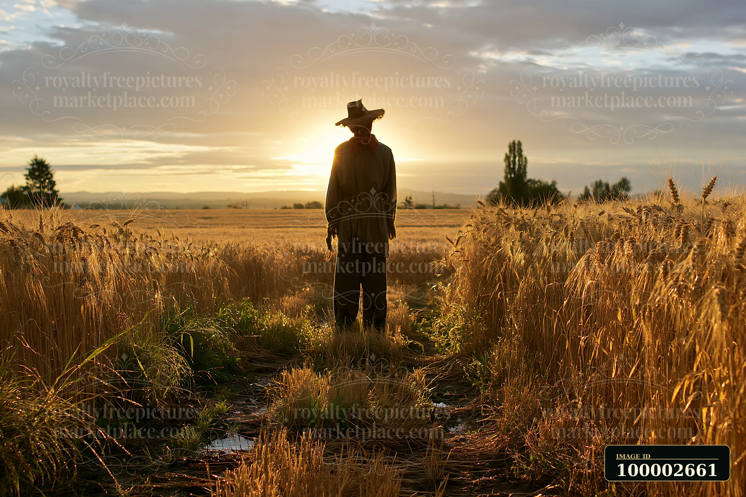 A scarecrow stands alone in an agricultural landscape at sunset.
