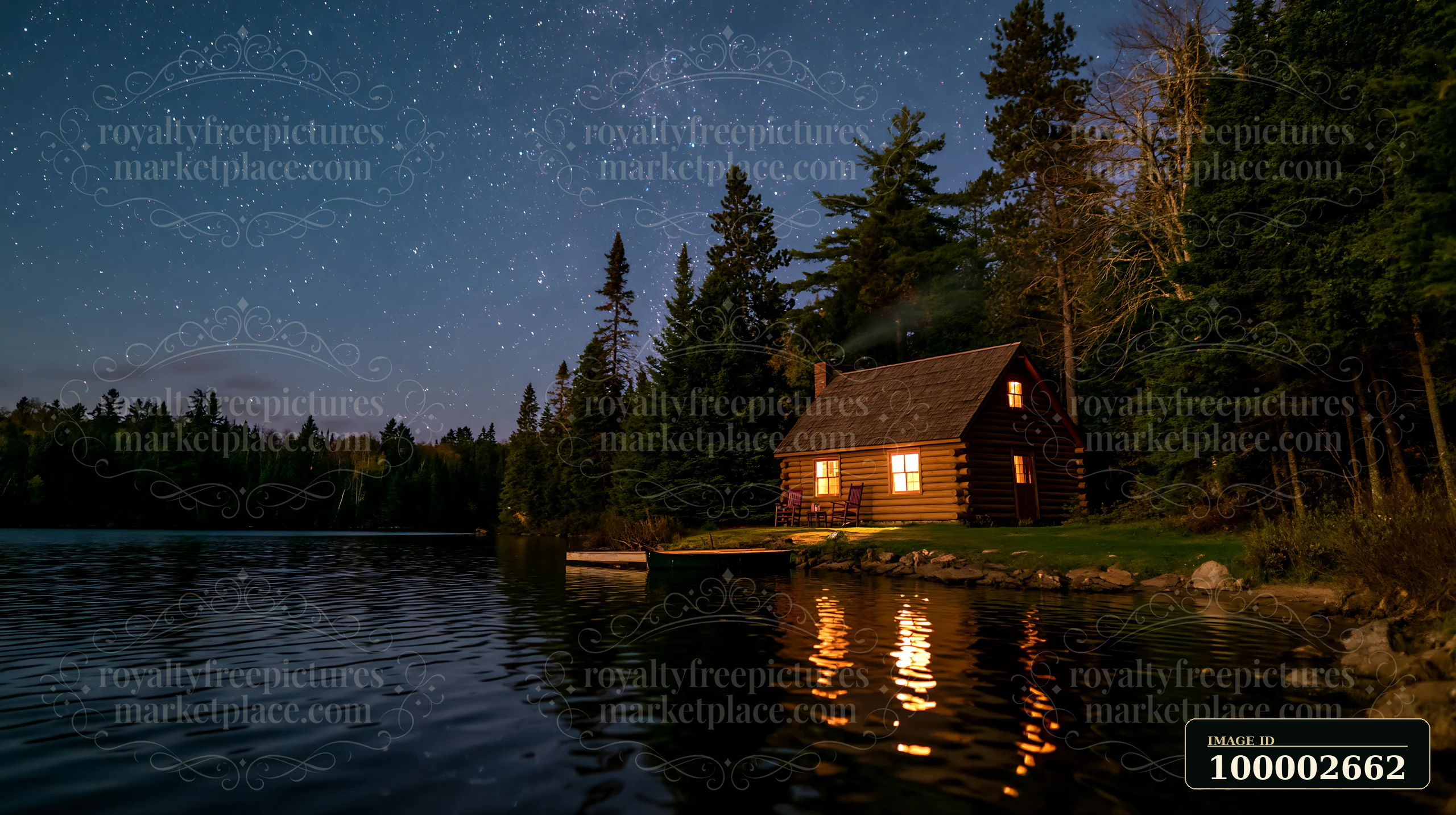 A wooden cabin with smoke rising from the chimney sits by a lake under a starry sky.