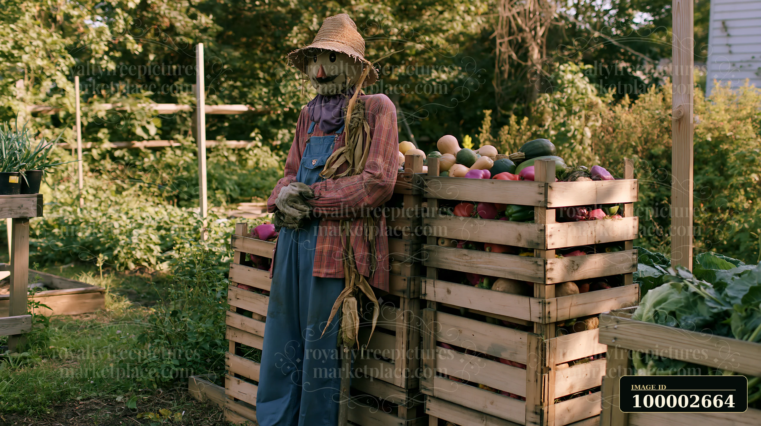 A scarecrow stands beside wooden crates filled with fresh vegetables in a community garden.