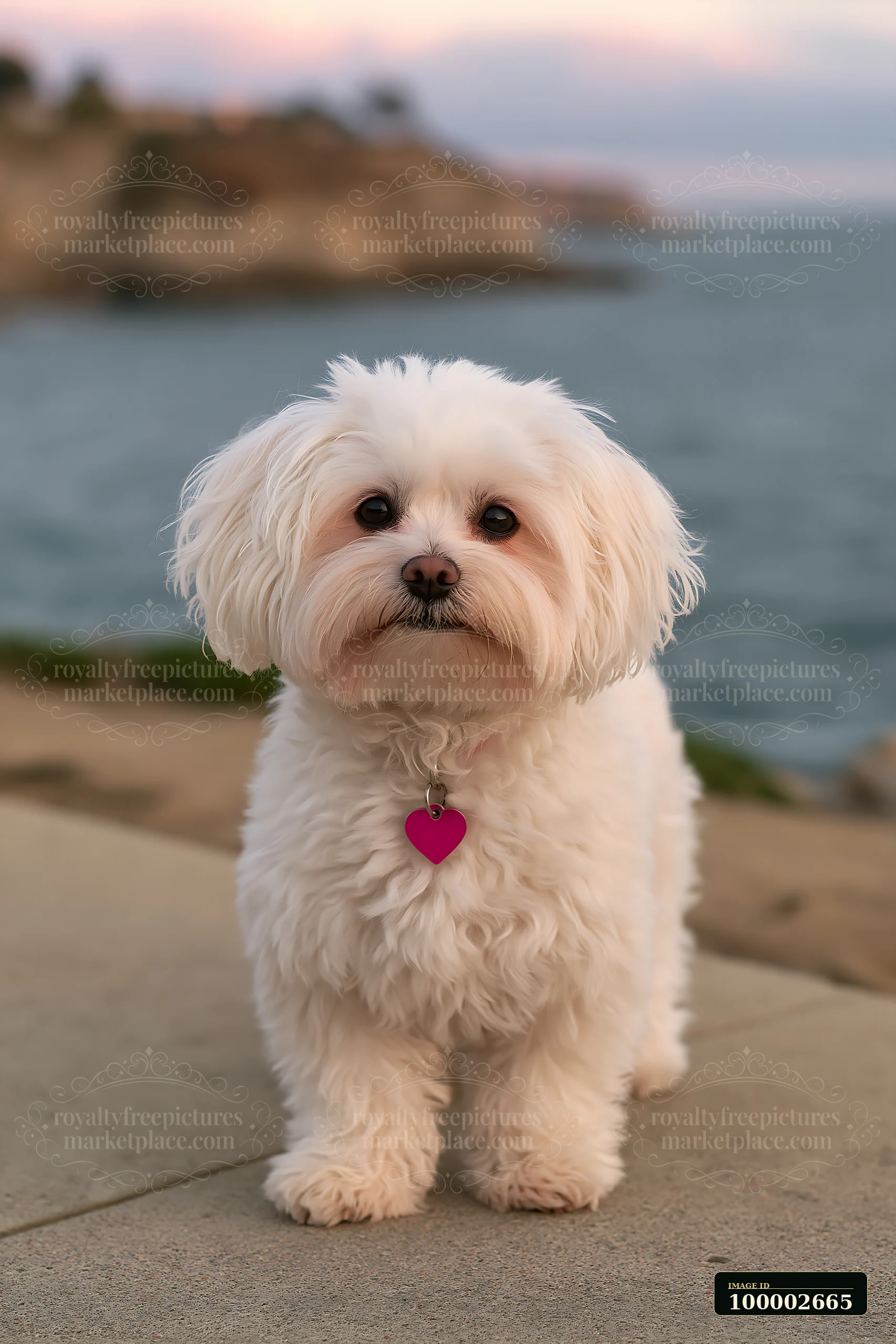 A rare dog breed stands on a pathway beside the seaside with water in the background.