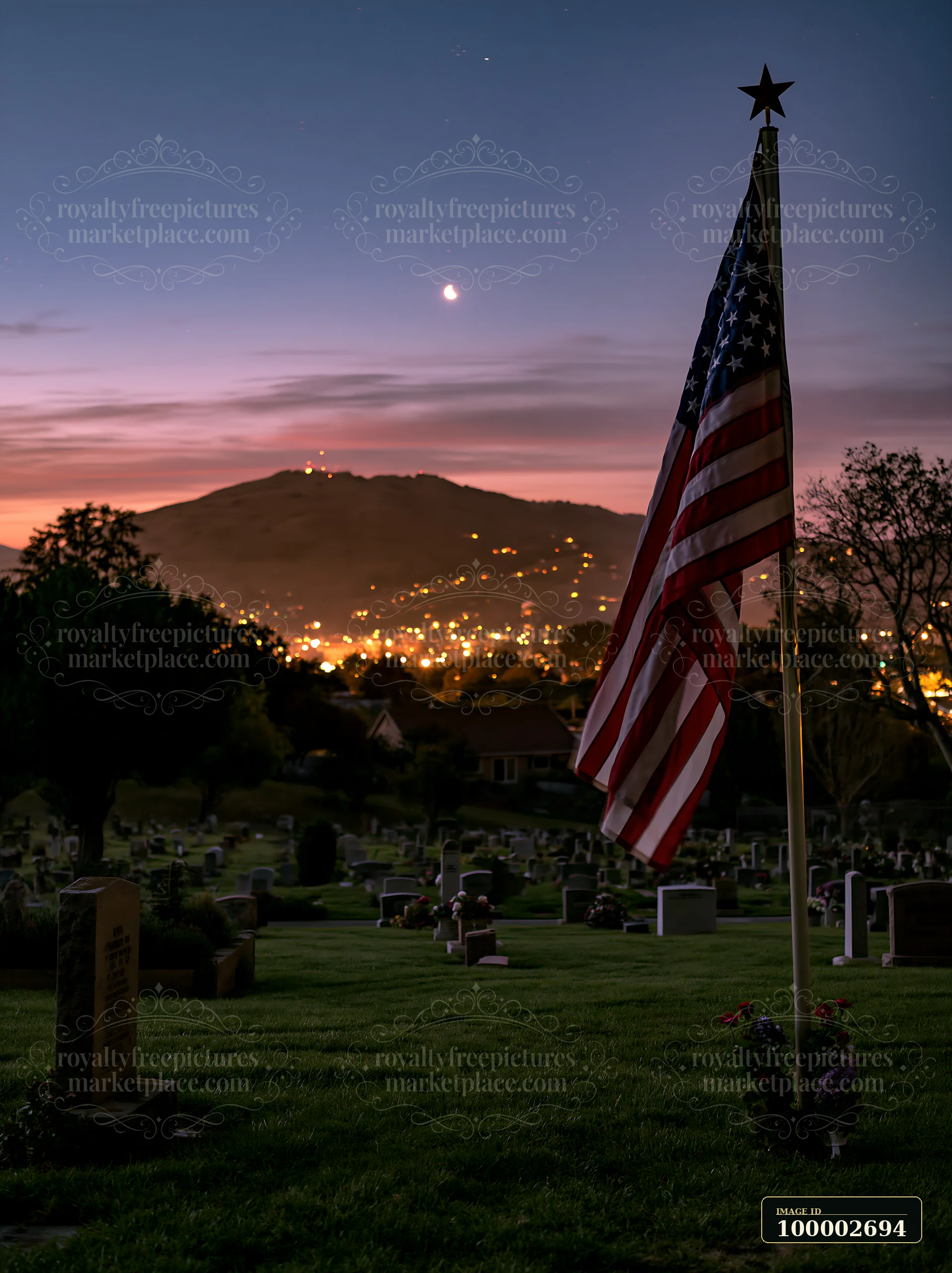 A war cemetery shows a flag standing against a backdrop of city lights and starlit sky.