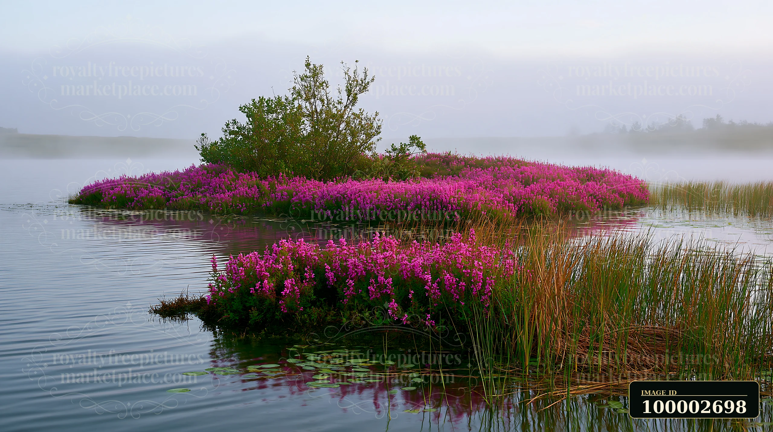 A small island with flowers in morning mist sits in the water.