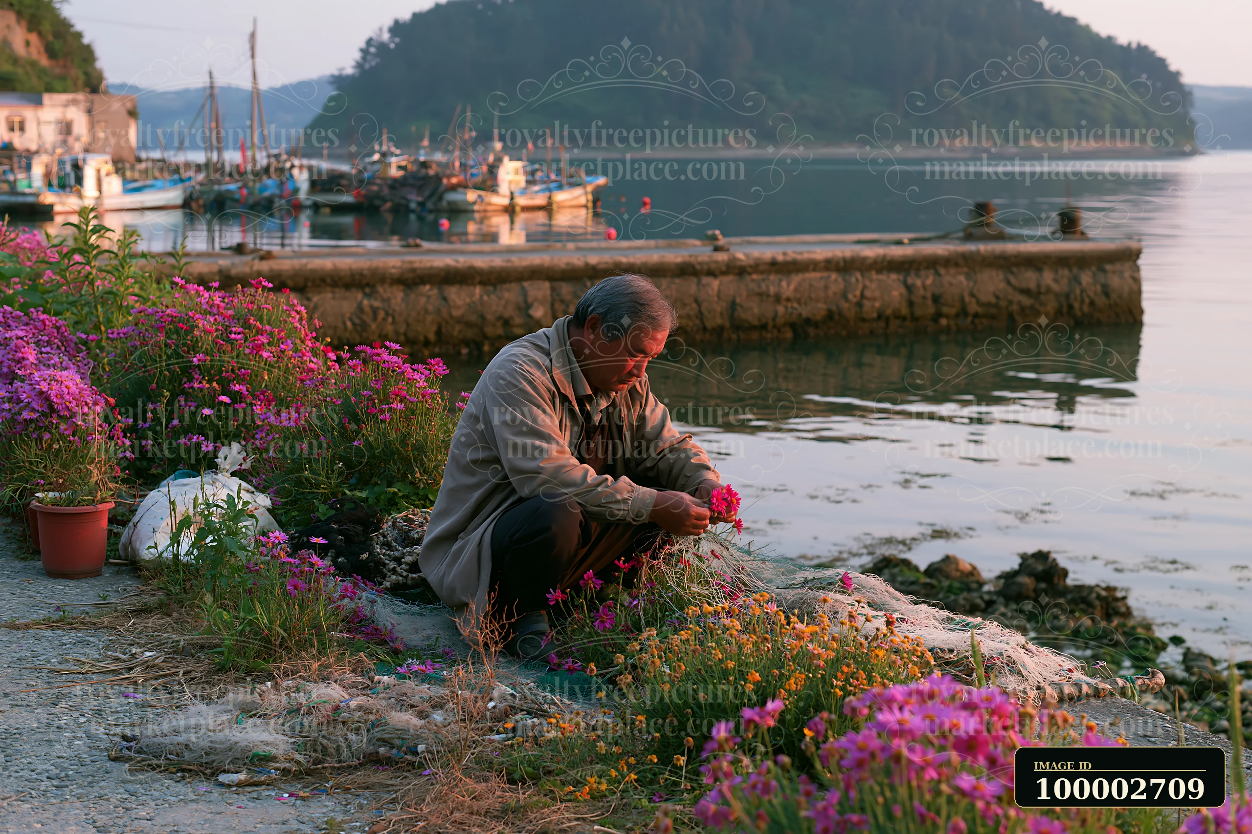 A man sits near the water on a remote island with colorful flowers, arranging them as the sun sets.