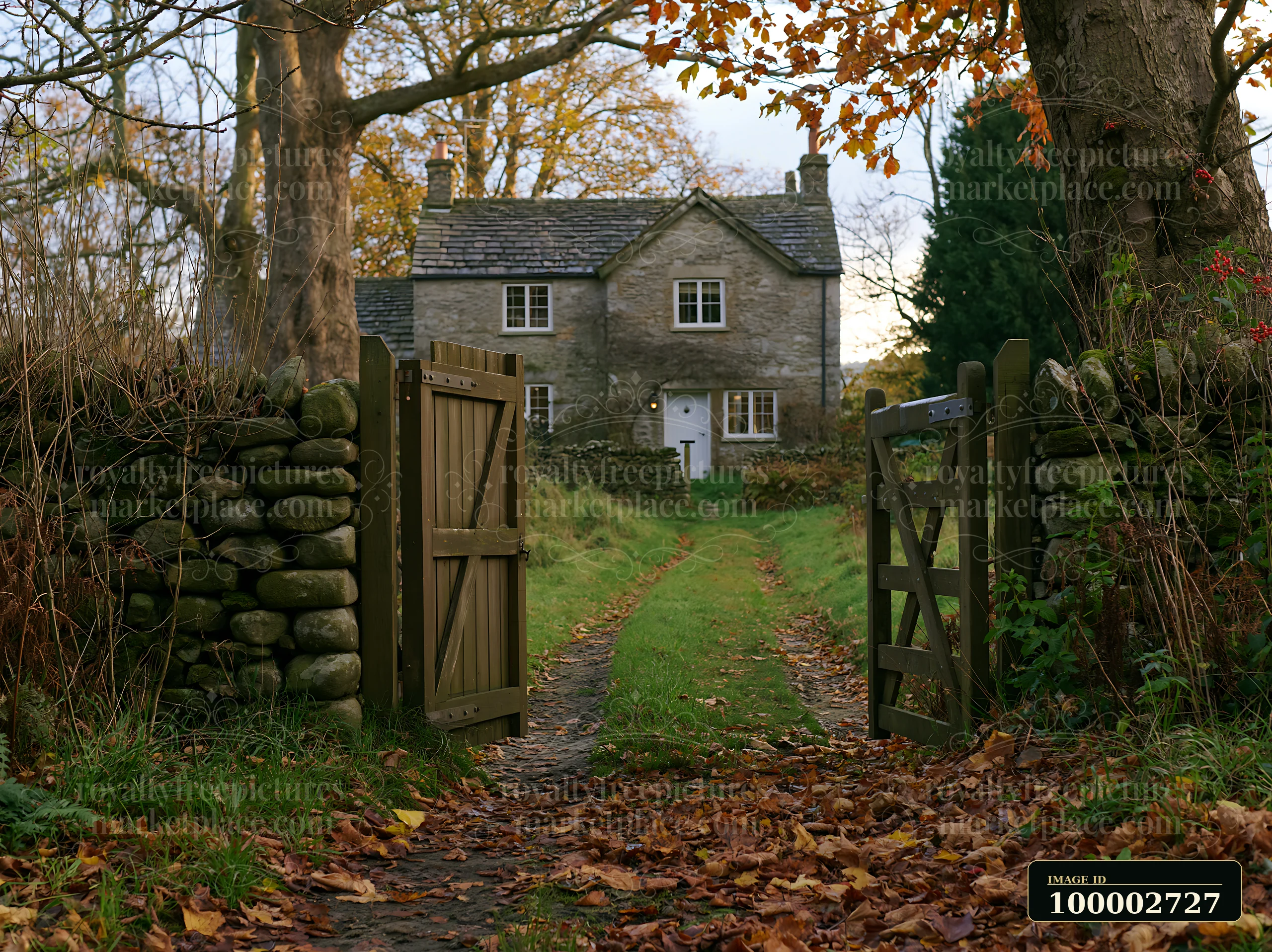 A rural cottage is visible through a wooden gate, surrounded by trees and fallen leaves.