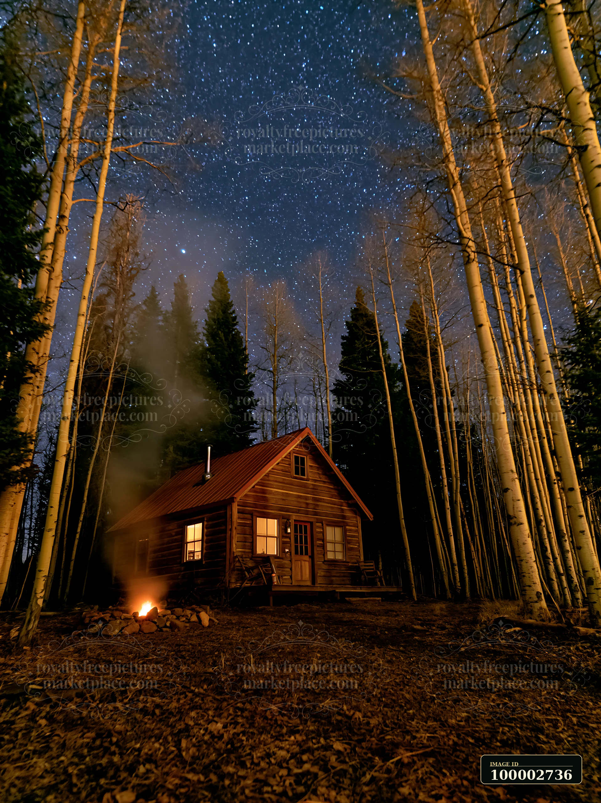 A cabin with smoke rising under stars stands in a forest setting.