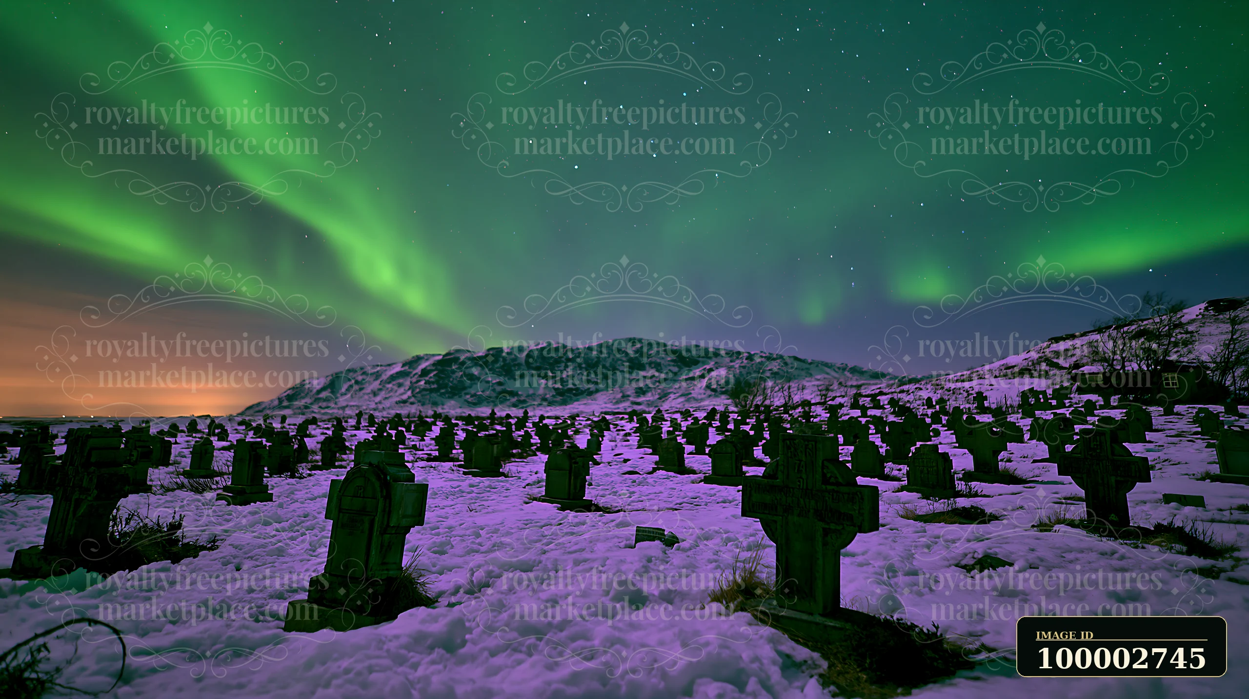 Gravestones are visible in a military cemetery covered in snow under vibrant northern lights.