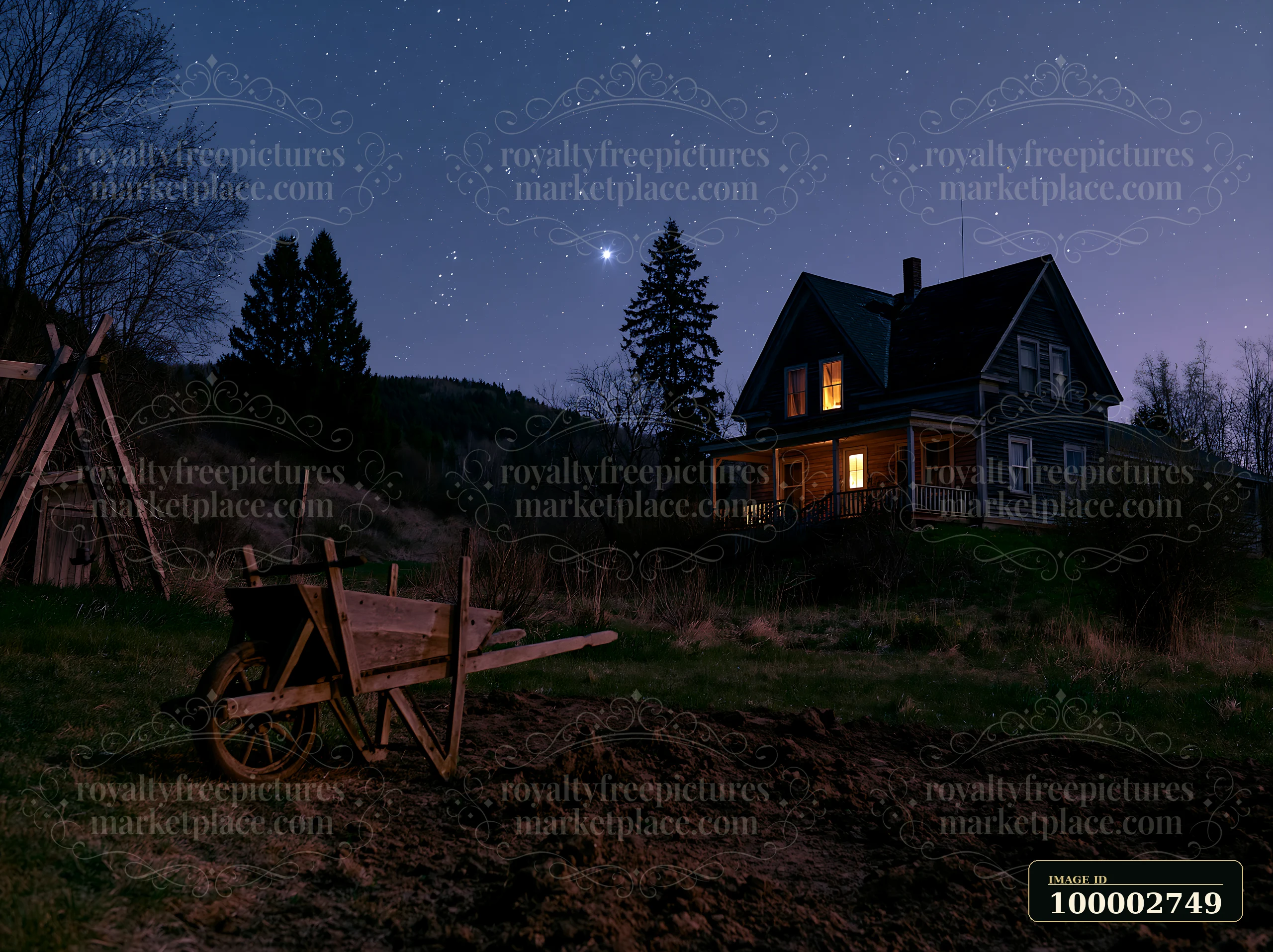 A farmhouse beneath stars and rolling hills stands at night, showing warm light from its windows.