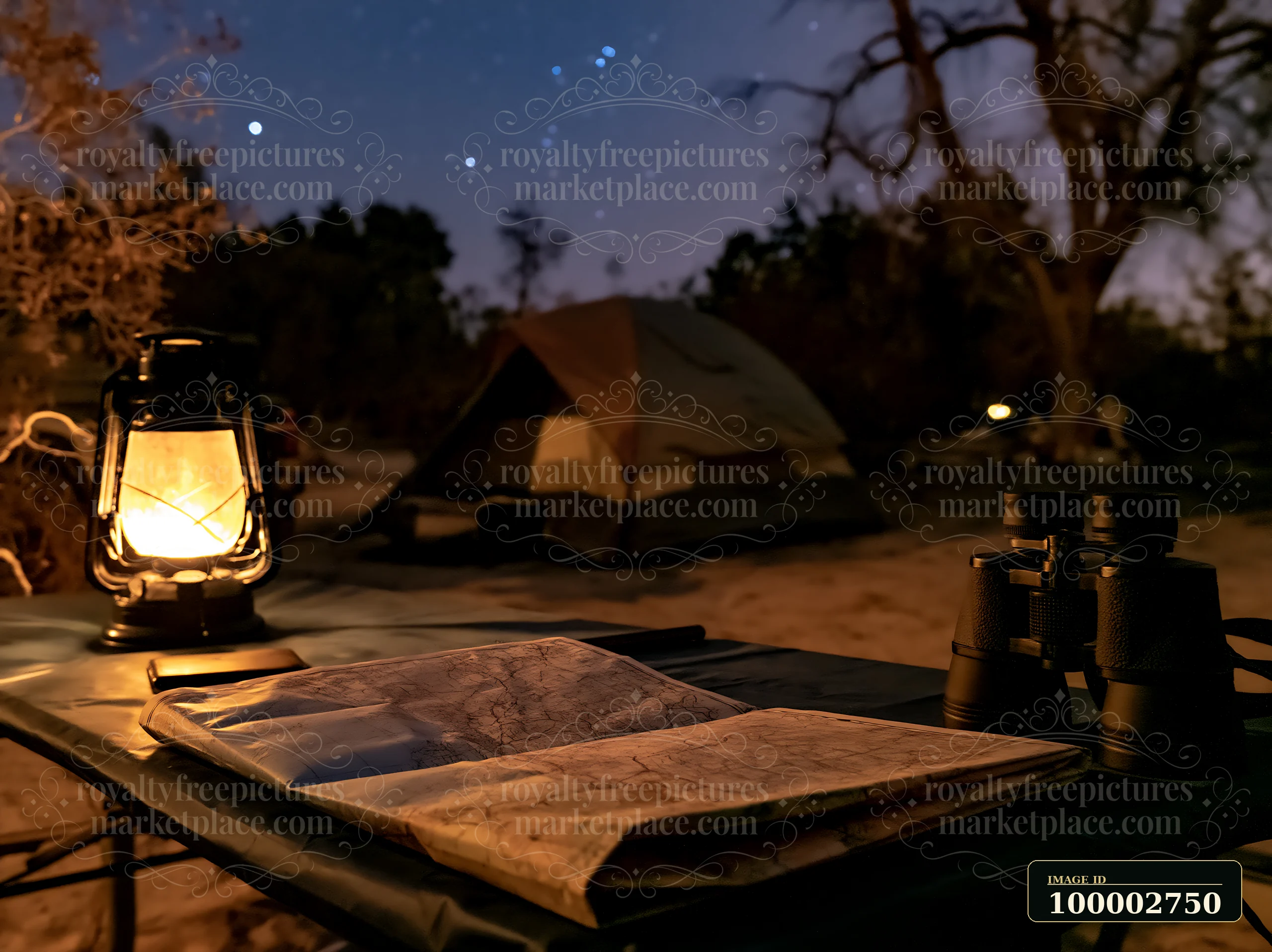 A lantern lights a table holding a map and binoculars at a desert campsite under a starry night.