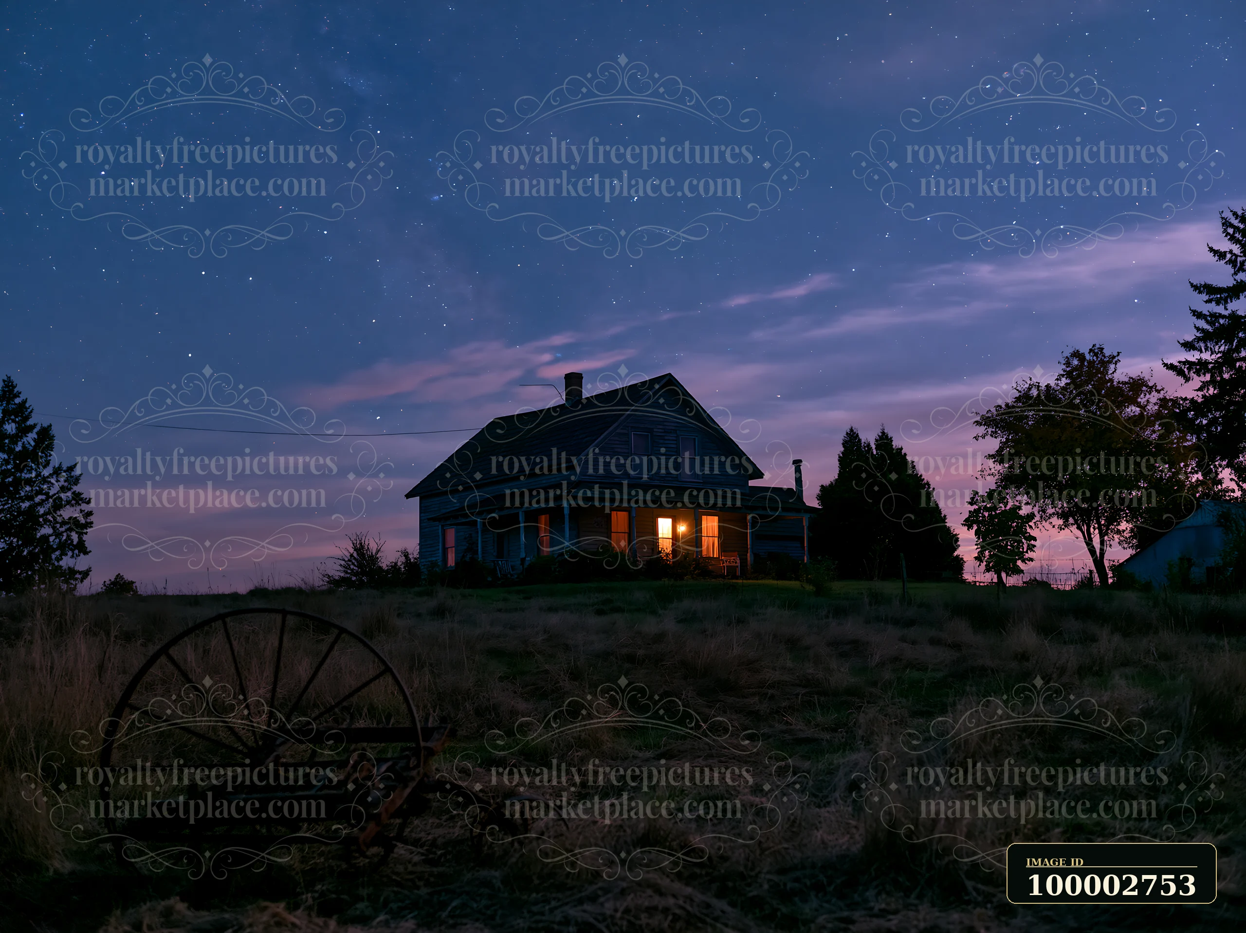 A house with a lit window stands under a starry sky, seen from a nearby field in a rural area.