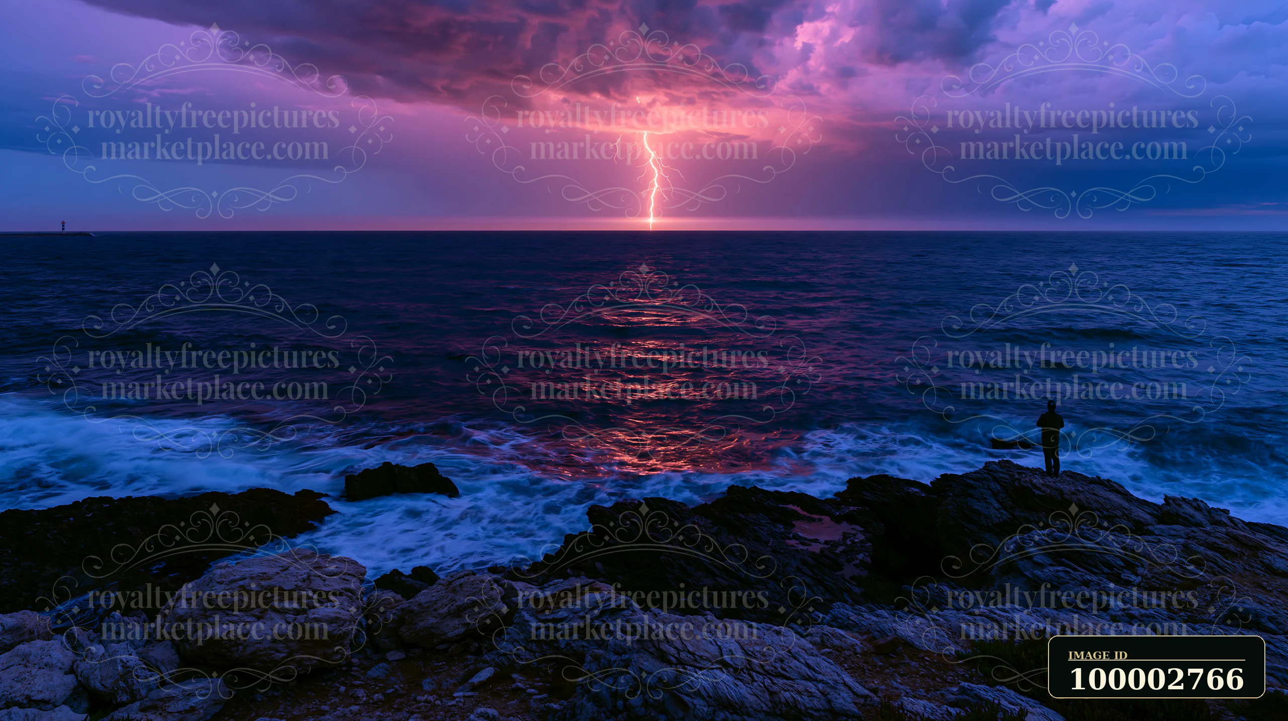 A storm brews over the ocean as lightning strikes along the coastline during sunset.