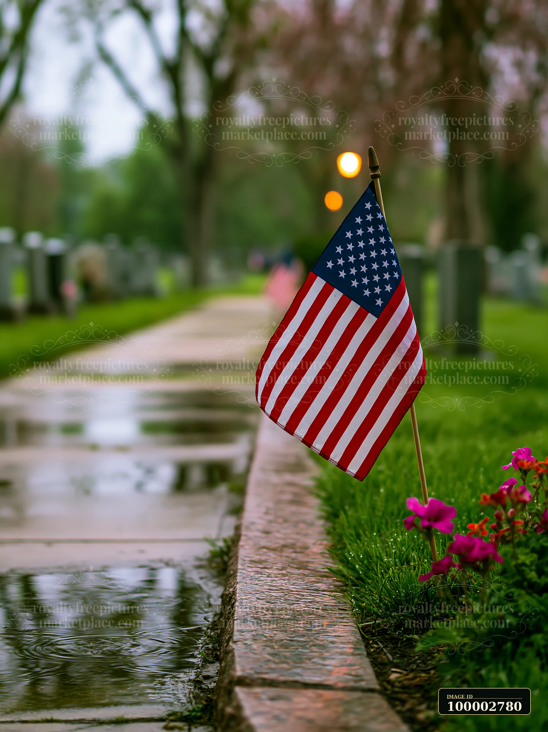 A small American flag stands near flowers along a pathway in a veterans cemetery.