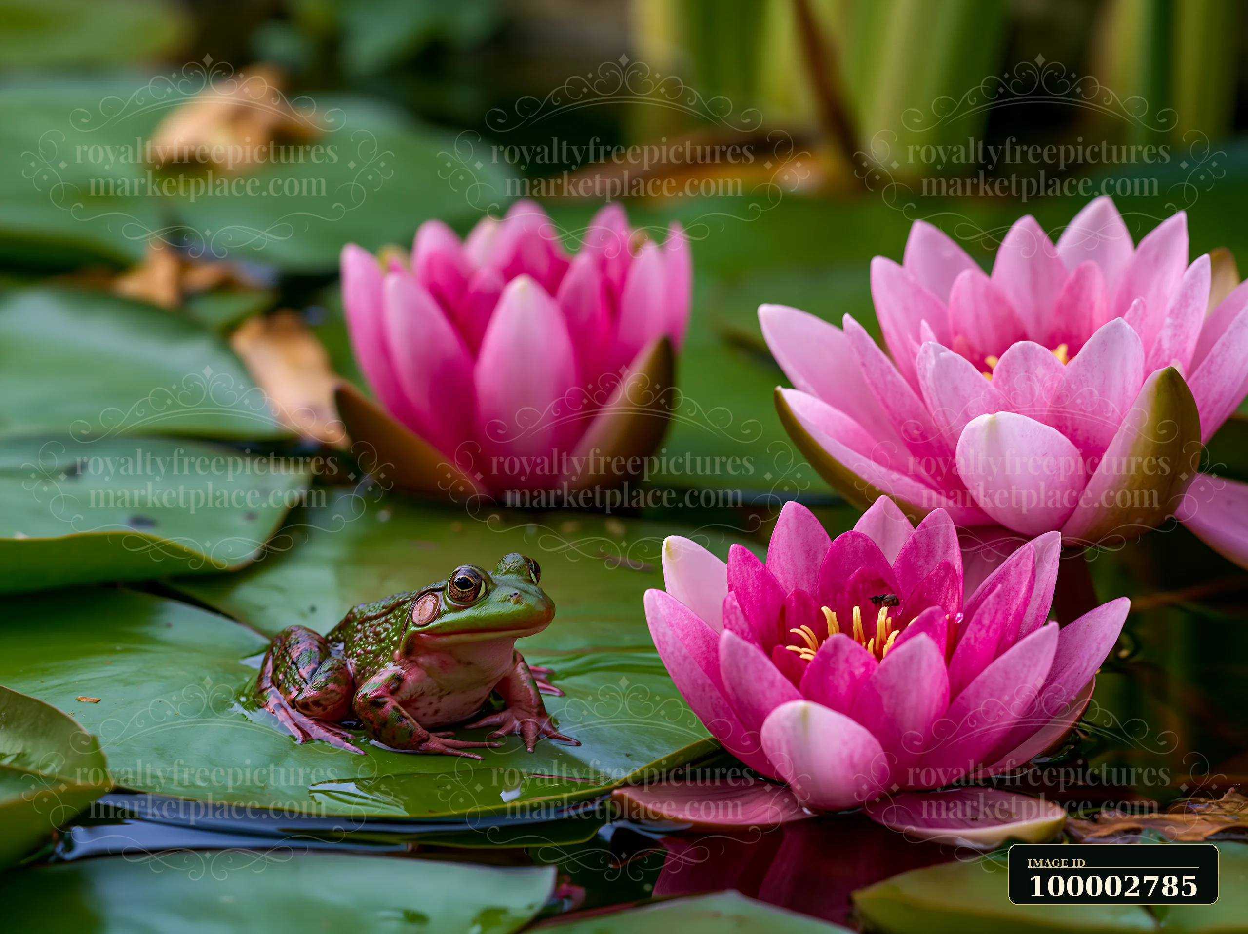 A frog rests on a lily pad surrounded by pink water lilies in a small garden pond.