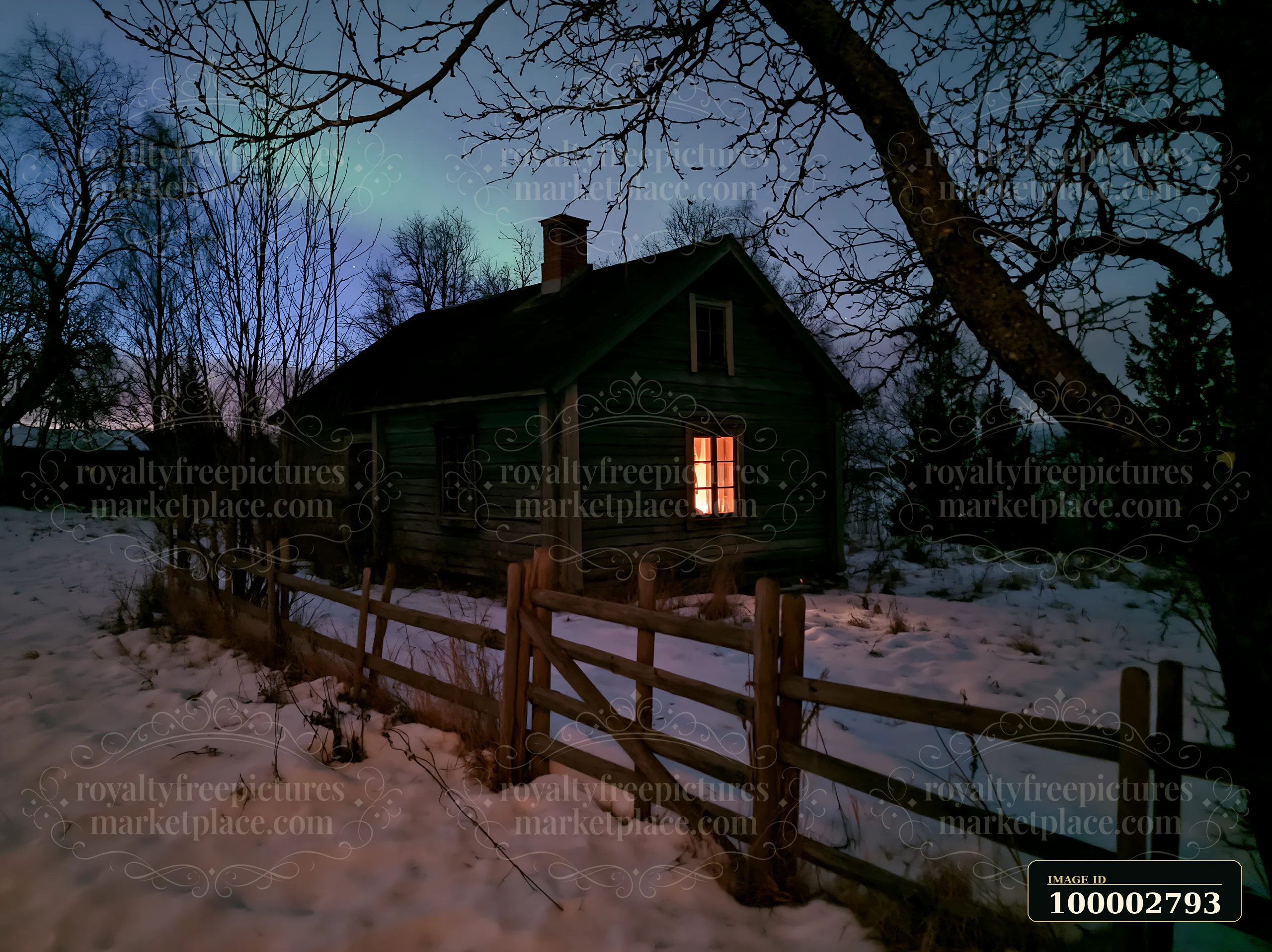 A cozy cottage sits under the northern lights, surrounded by snow and trees.