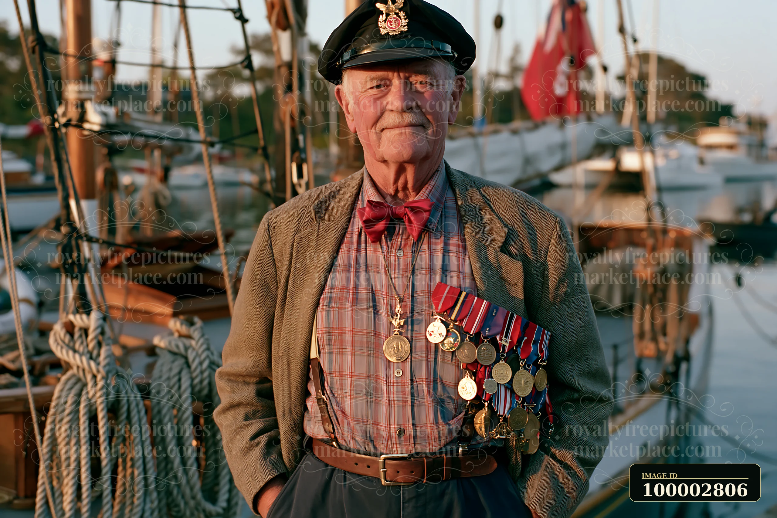A veteran wearing medals stands by a marina, showing his honors.