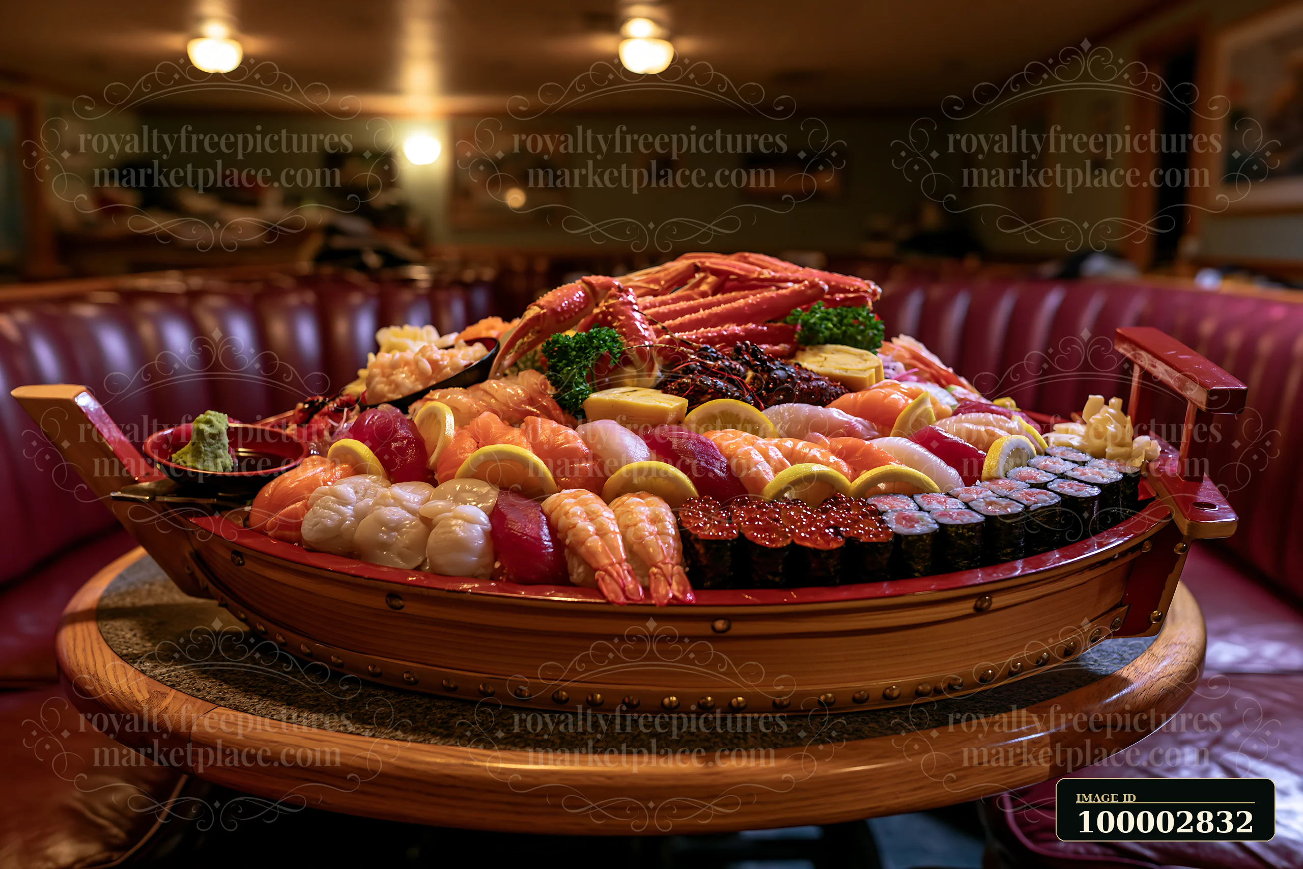 A sushi boat with assorted seafood showcases various types of sushi and seafood in a restaurant setting.