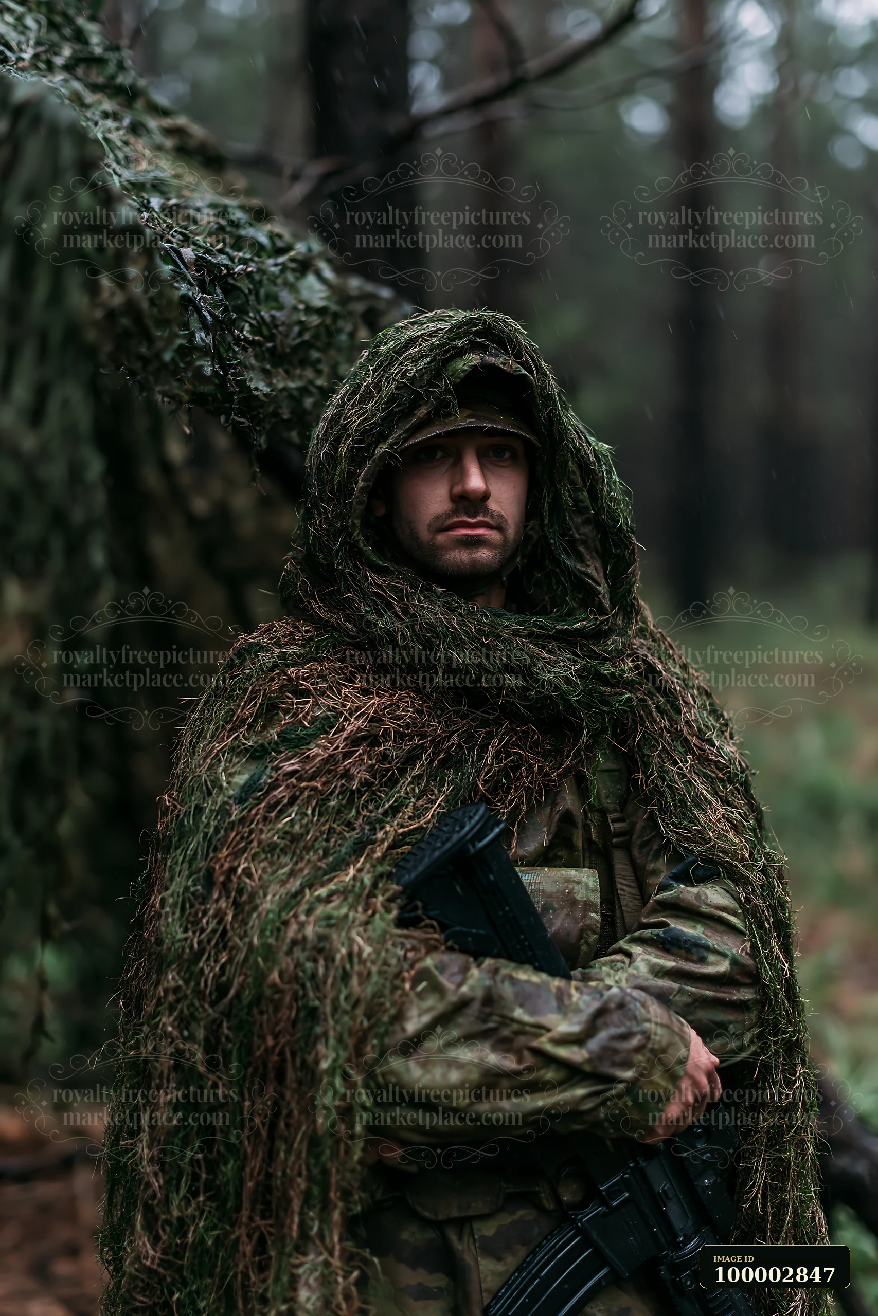 A soldier stands under camouflage netting in a forest.