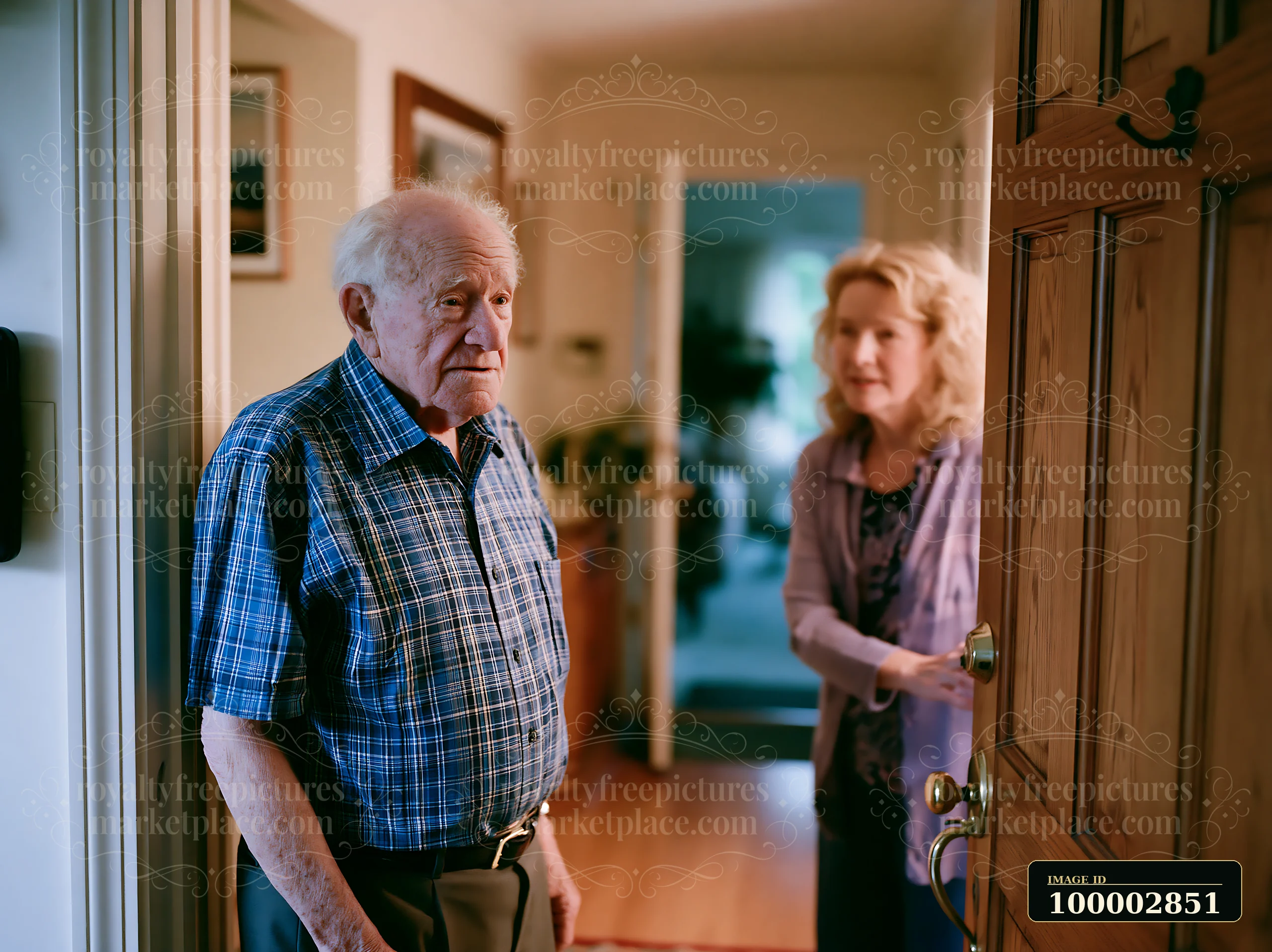 A person with Alzheimer's recognizing a familiar family member at their home door.