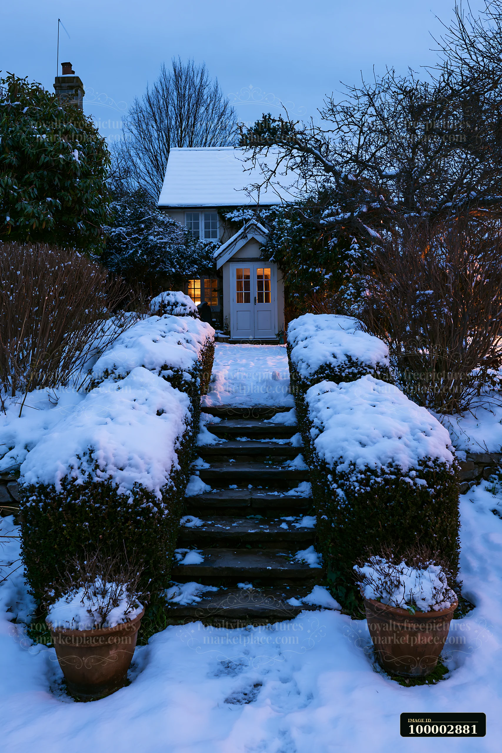 Snow covers the steps leading to a farmhouse in a winter garden.