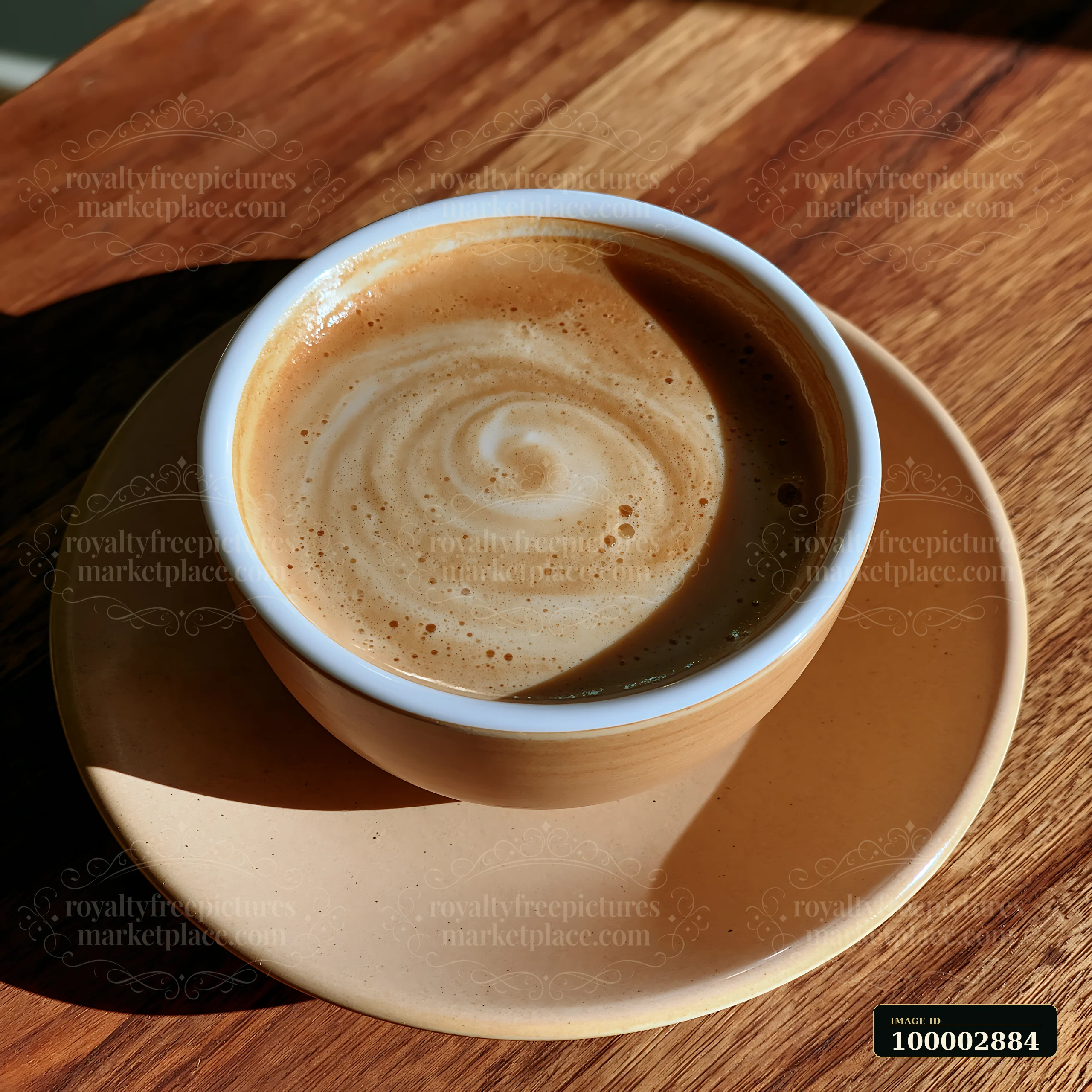 A bowl filled with cream dose with smooth glossy texture sits on a beige saucer, resting on a wooden surface.
