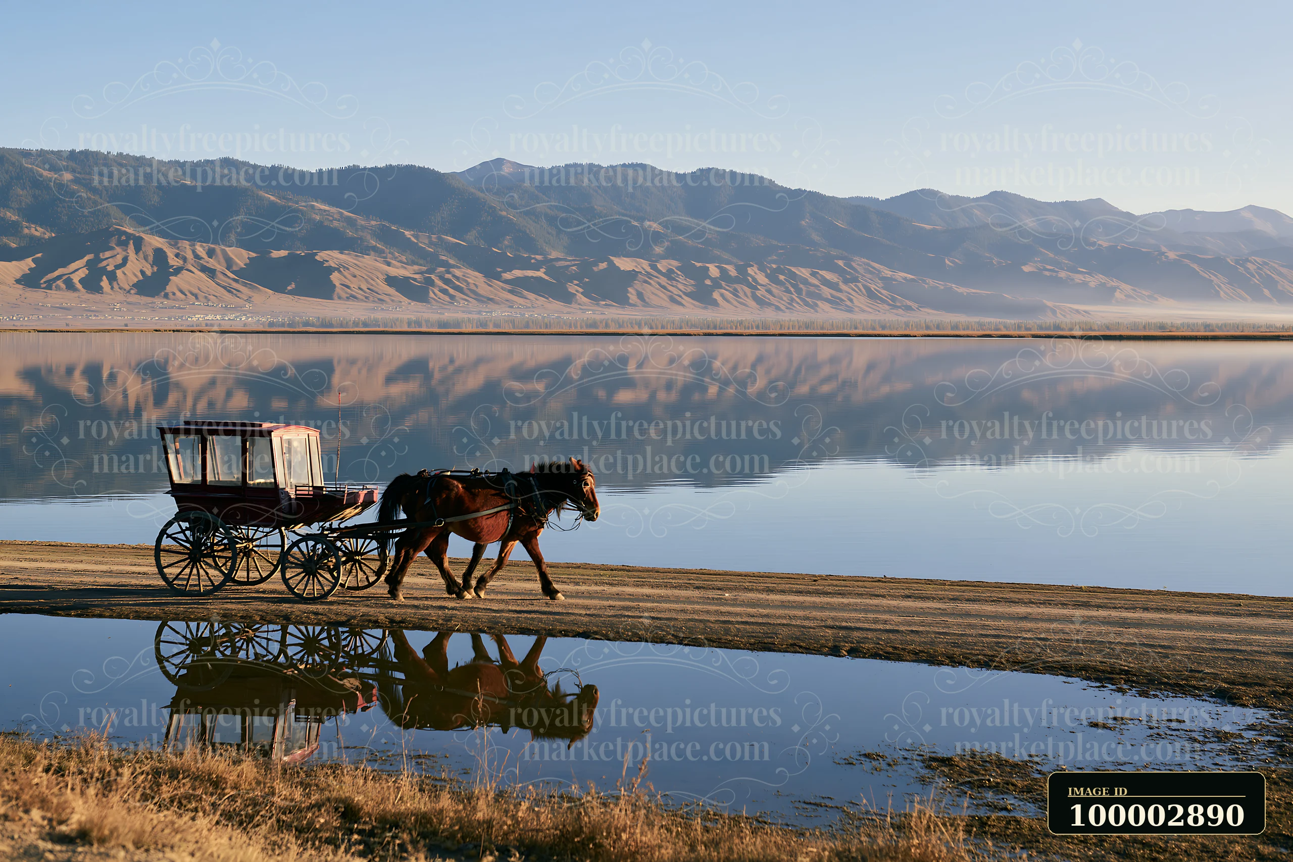 A horse pulling carriage walks along a dirt path by a lake, reflecting the mountains in the background during sunrise.