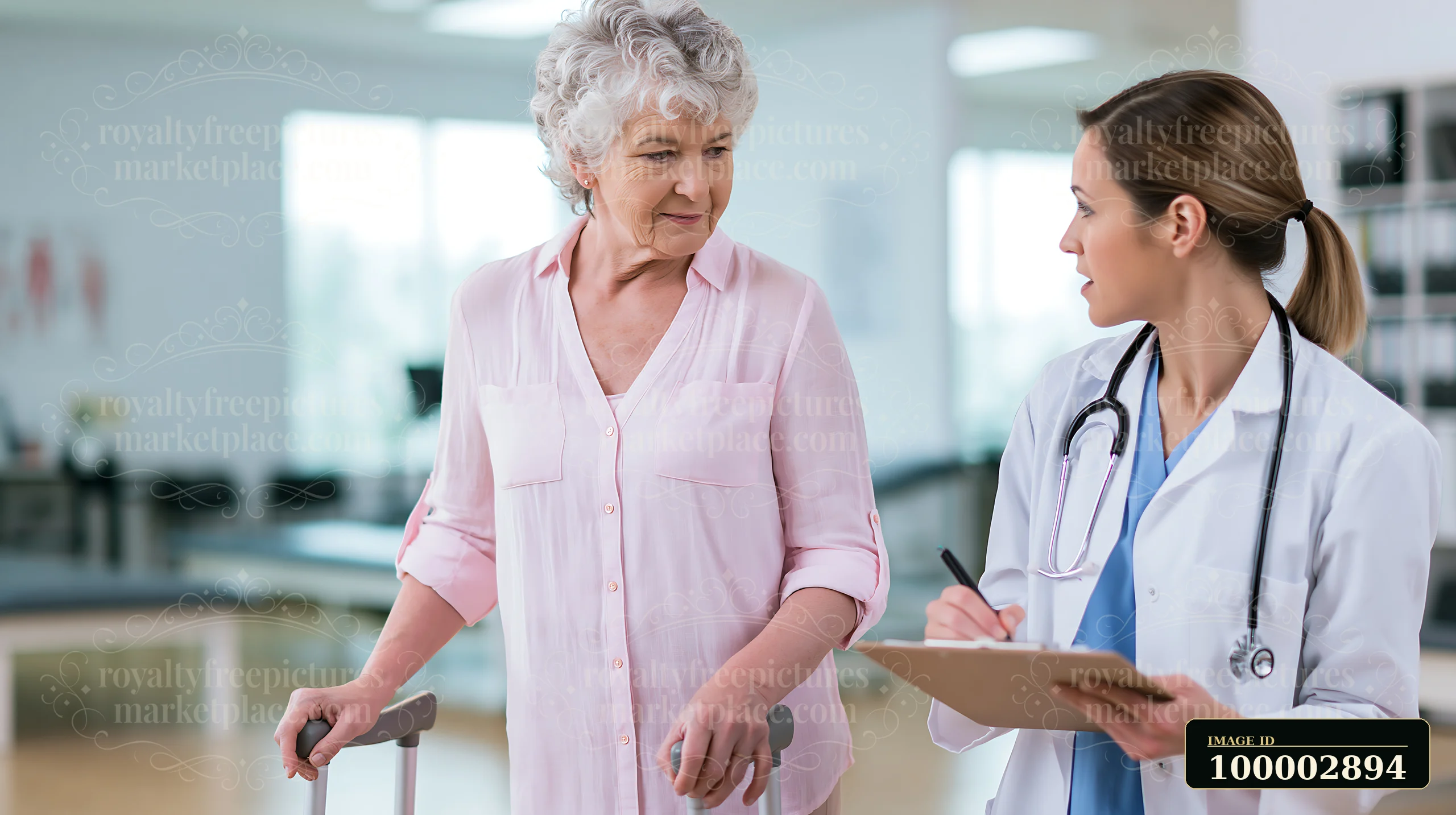 A senior woman with Parkinson's is talking to a neurologist in a clinic.
