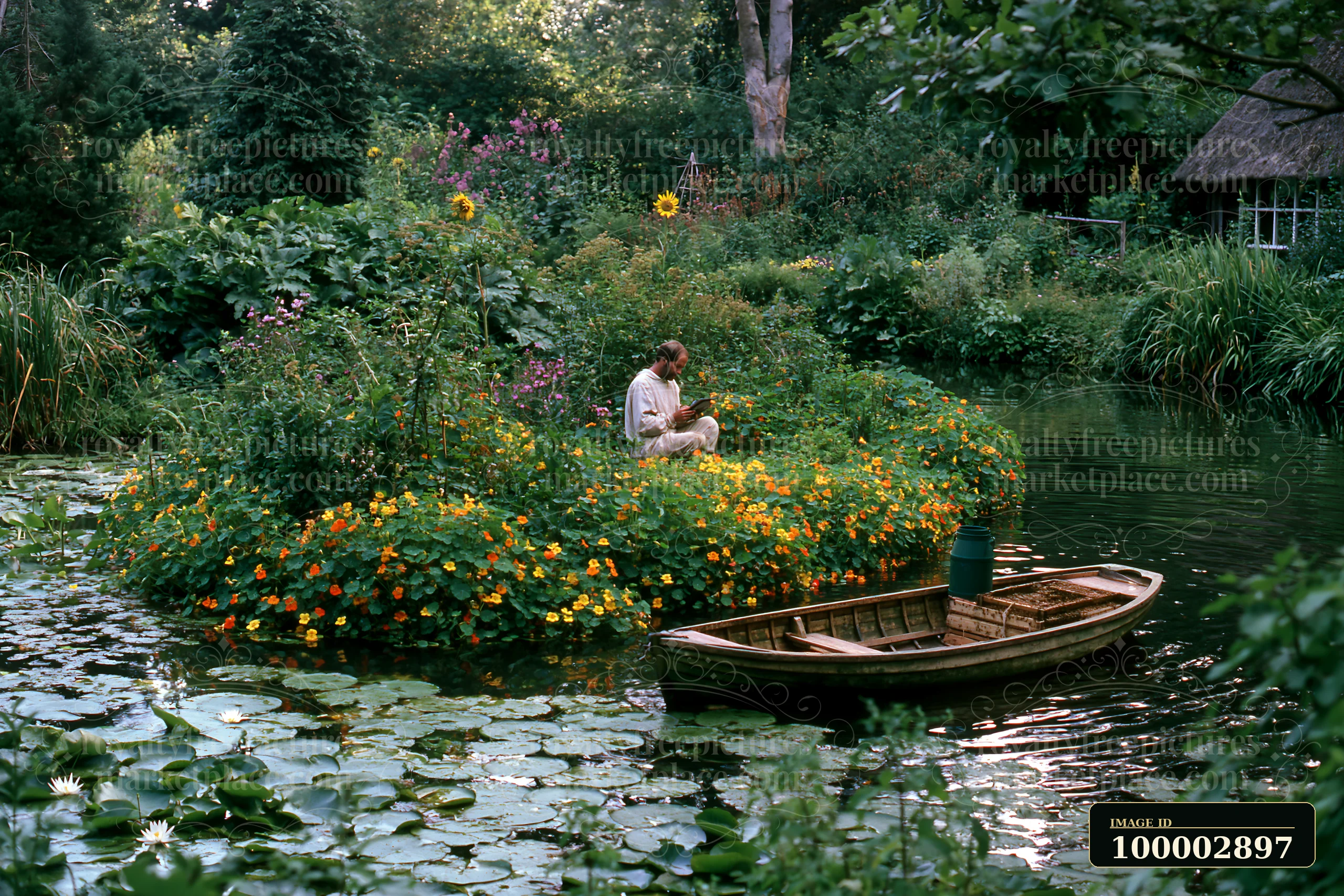A tranquil setting features an island covered with nasturtiums, with a person sitting among flowers while a small boat floats nearby.