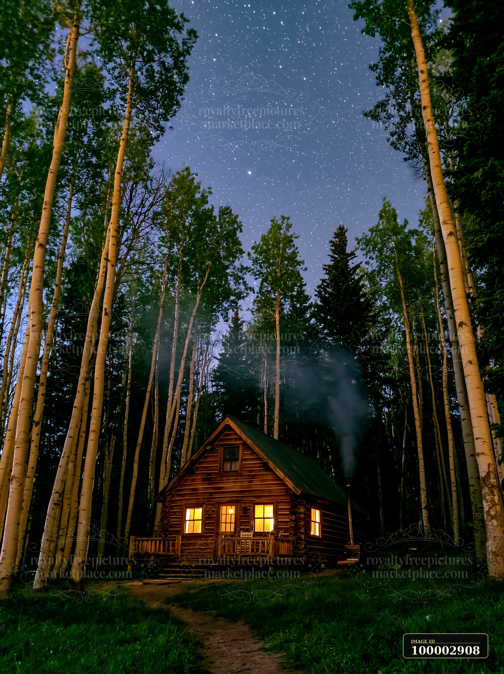 A wooden cabin sits surrounded by tall trees, with smoke rising from the chimney under a clear night sky full of stars.