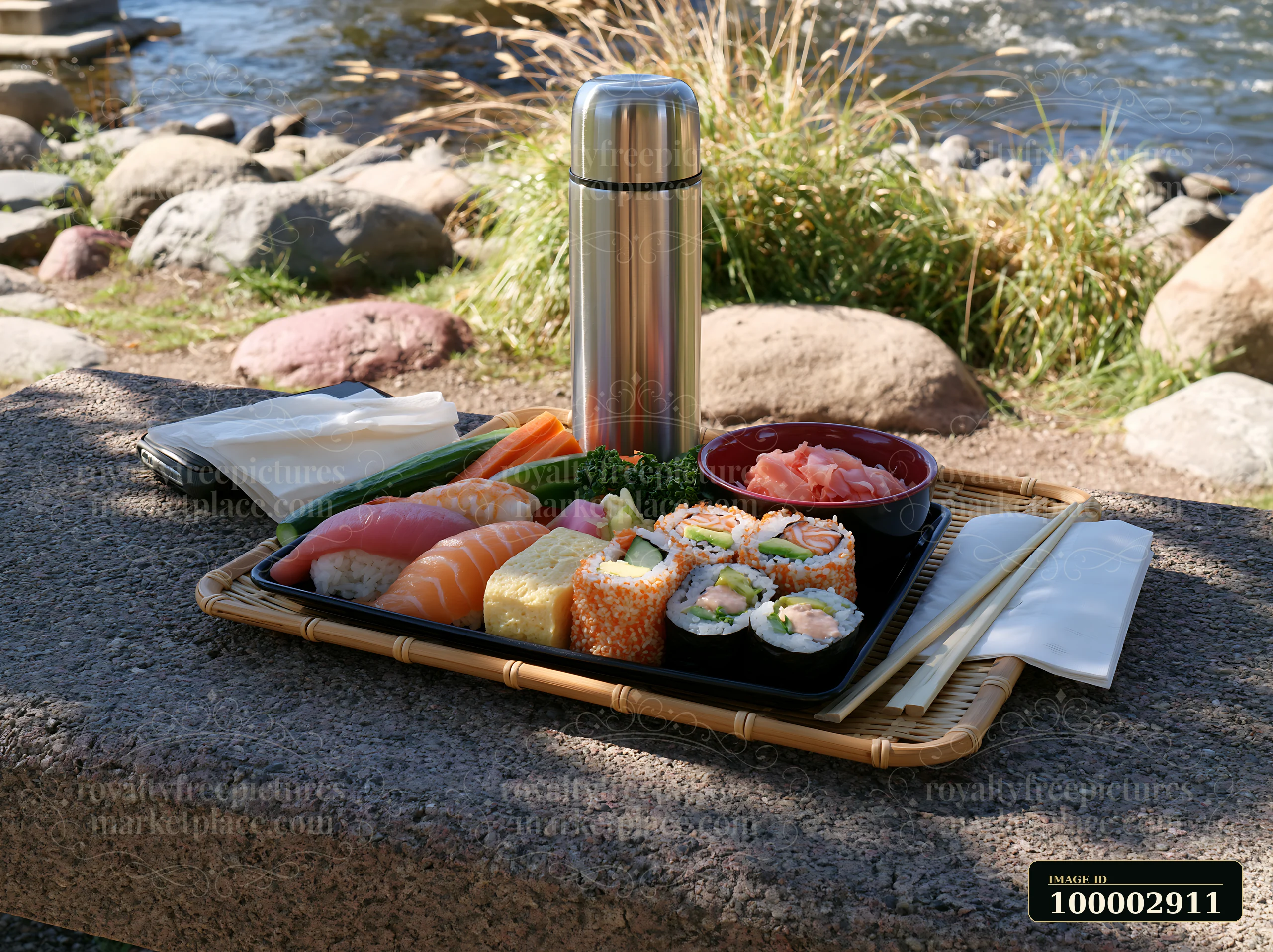 A tray holds diverse sushi rolls and salmon beside a thermos in a natural setting.