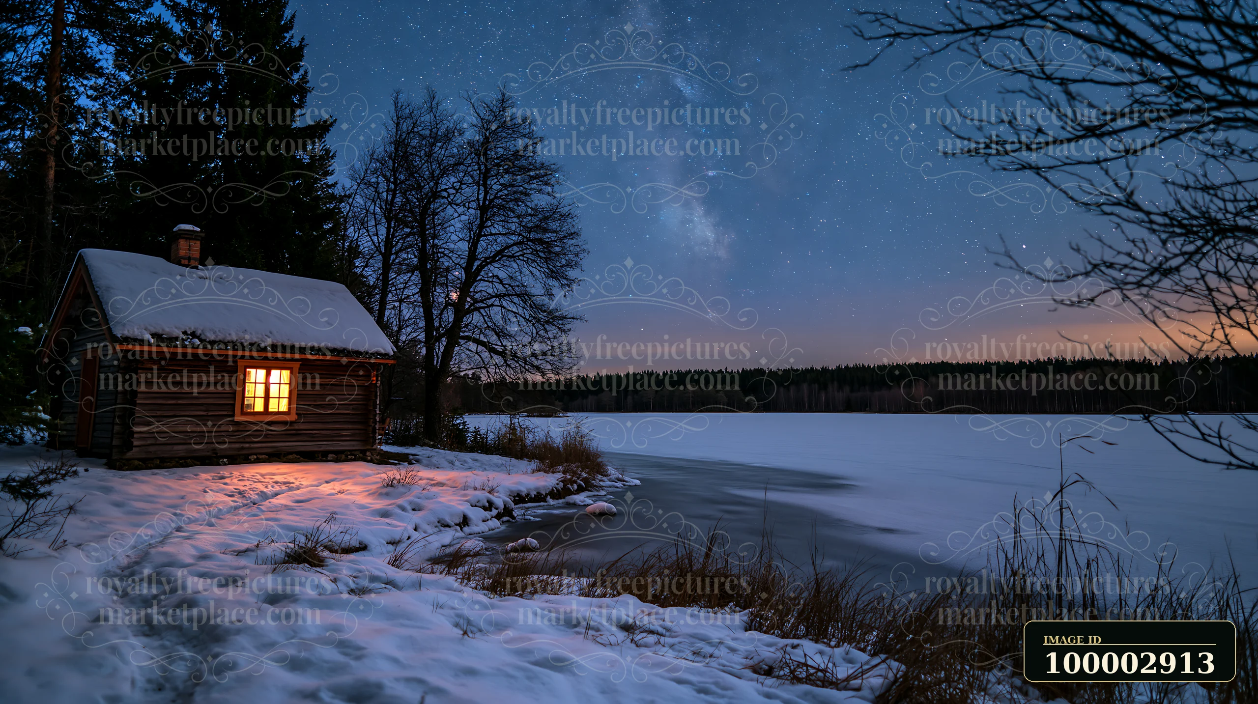 A snow-covered cabin under stars stands beside a frozen lake.