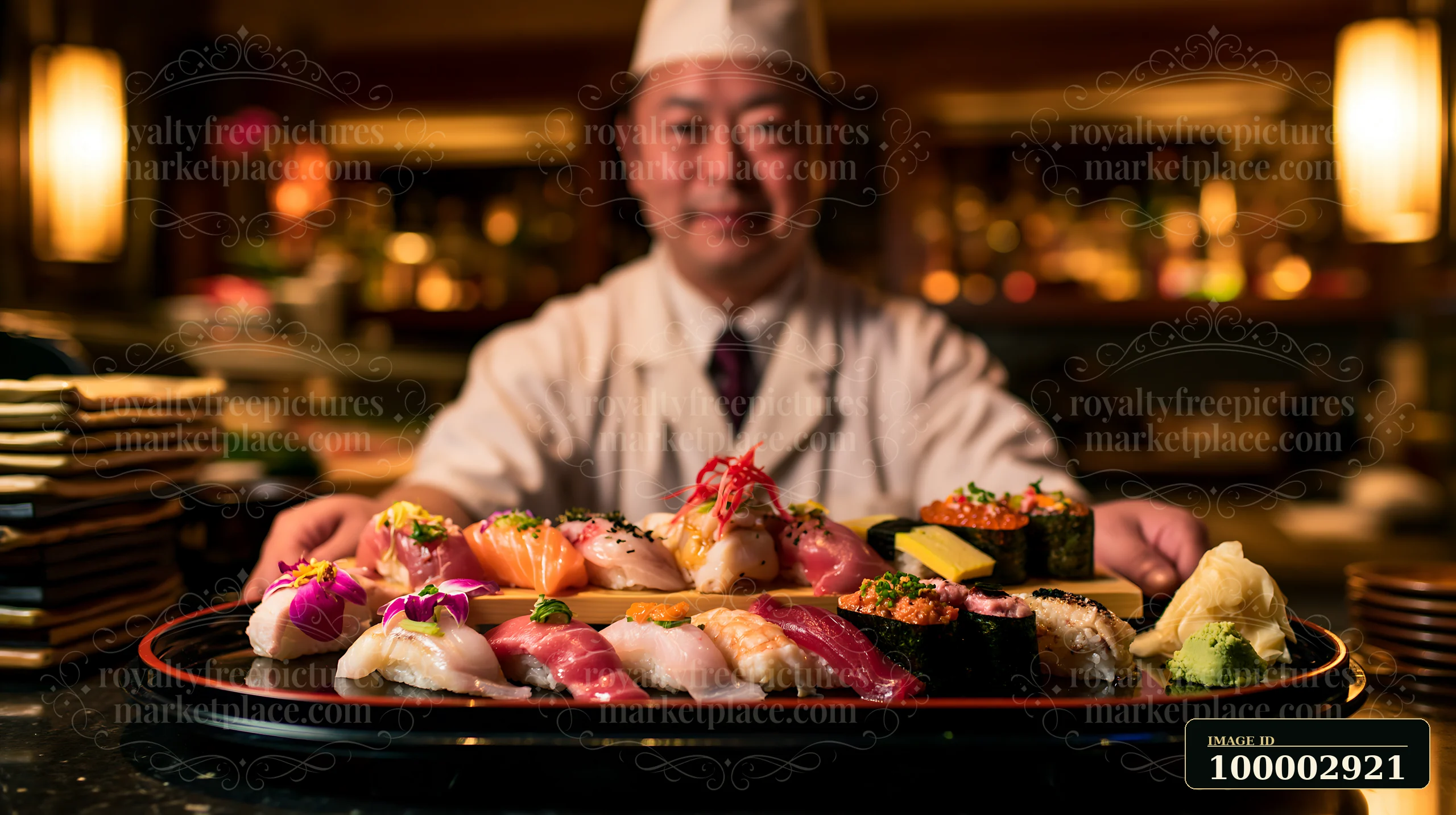 A chef showcases a premium sushi selection arranged on a black platter in a vibrant restaurant setting.