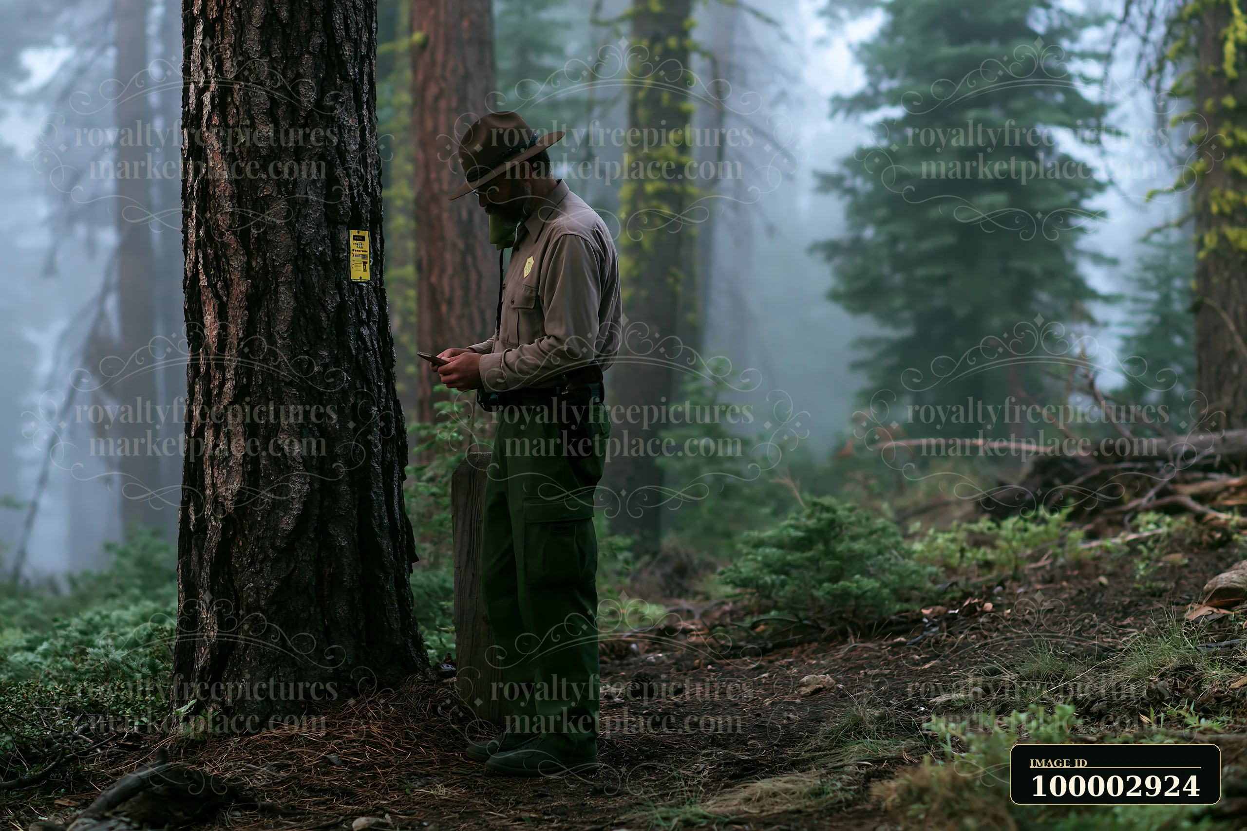 A ranger stands by a tall tree in a pine forest, checking equipment as fog drifts through the mountains.