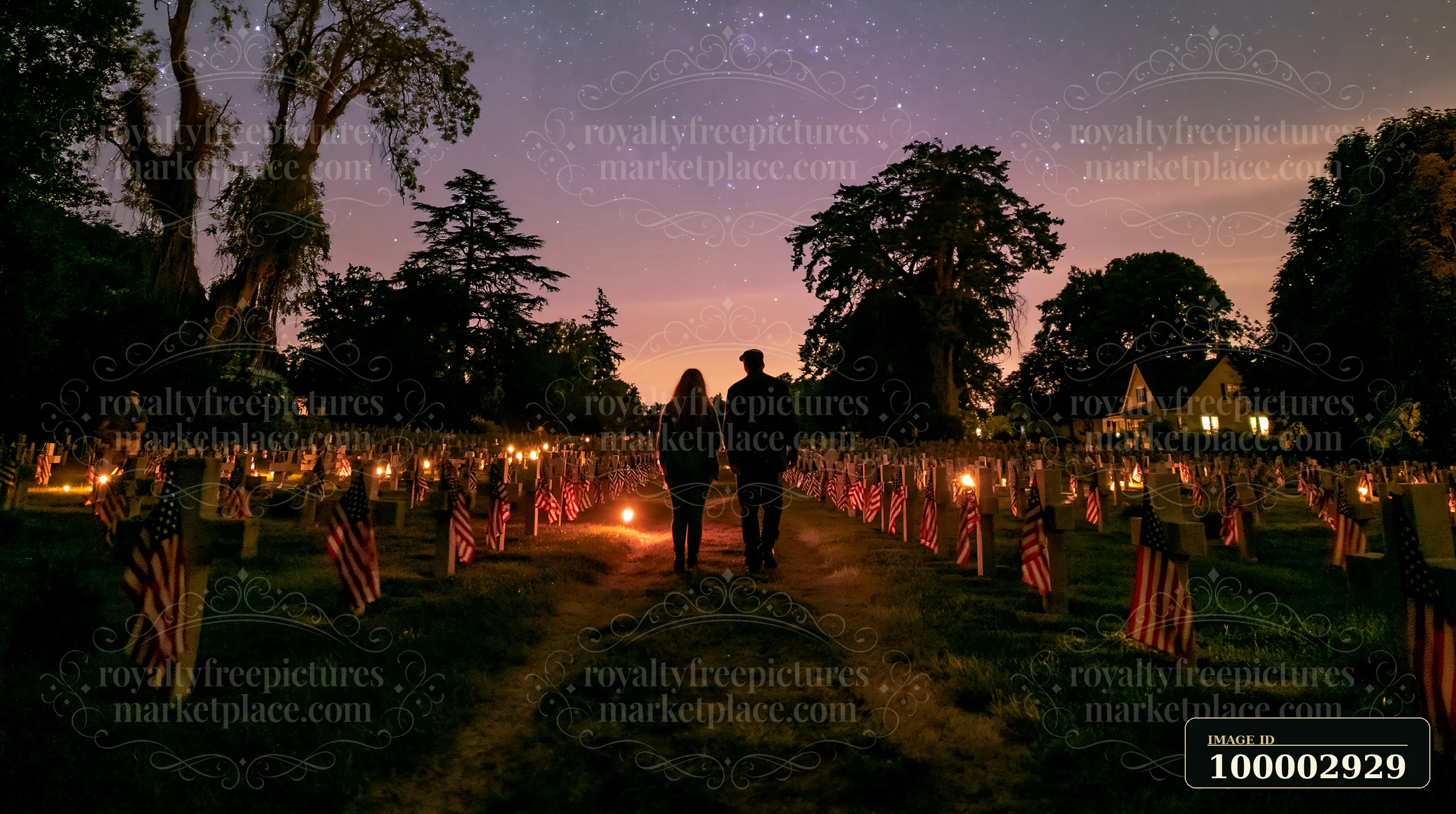A couple walks hand in hand through a cemetery filled with American flags at night, surrounded by glowing candles and a dark blue sky full of stars.