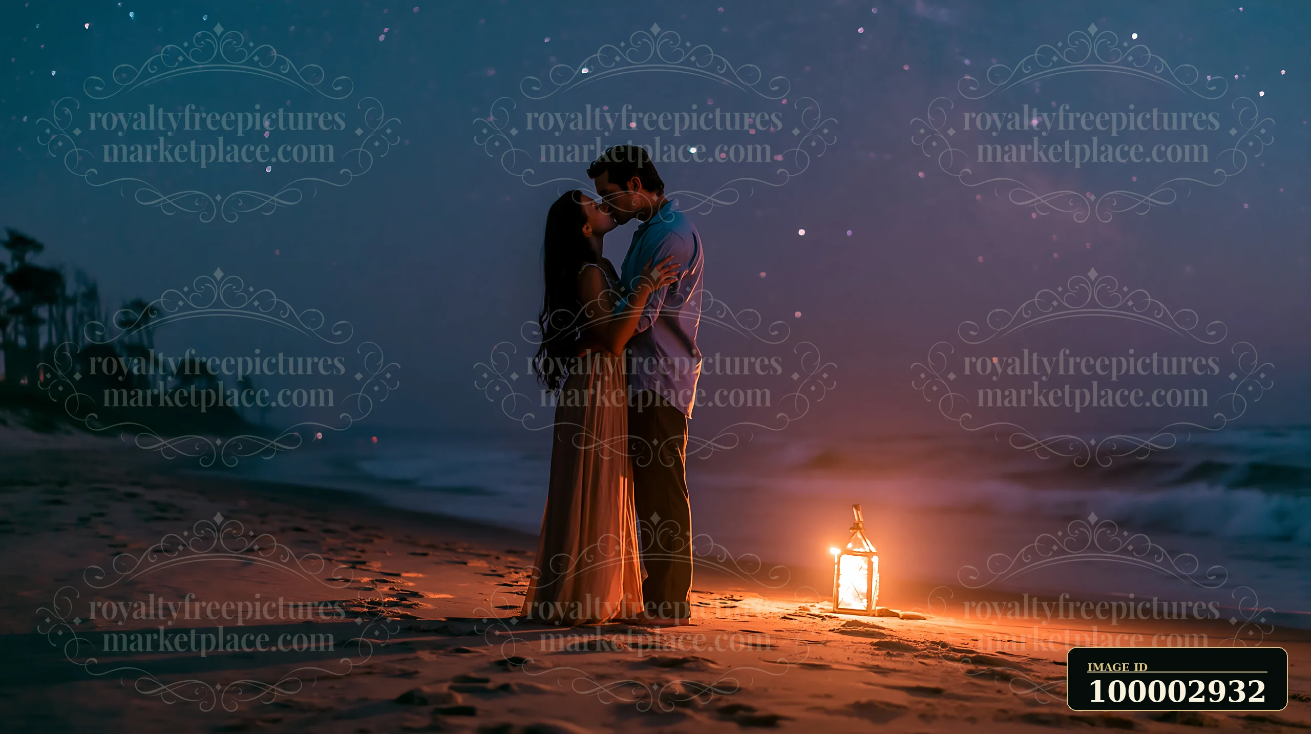 A happy couple kissing beneath stars in nature stands on a beach at night.