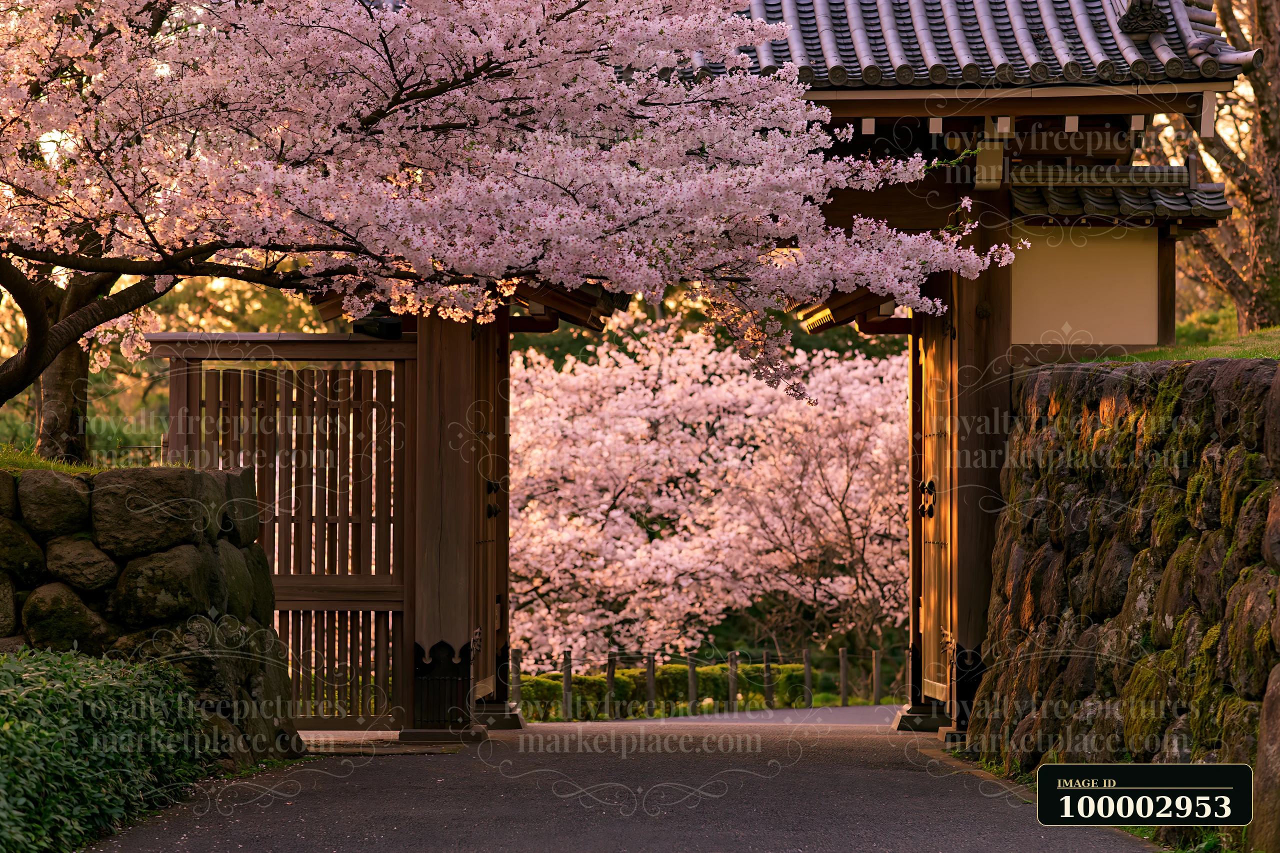 A temple gate frames blooming cherry blossoms in spring.